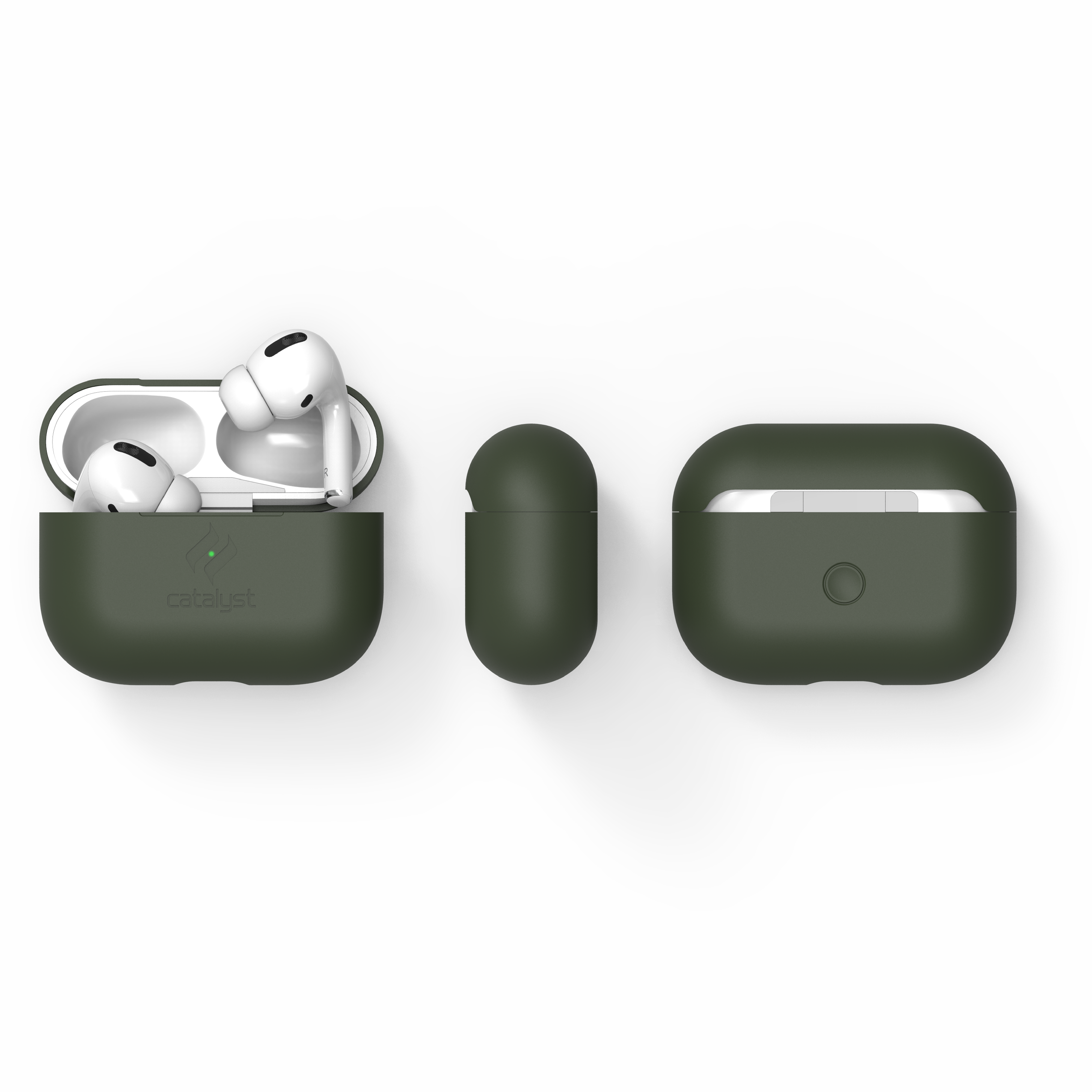 Olivgrünes Schutzcase für AirPods Pro, offen mit Kopfhörern, von der Seite und geschlossen vor dunklem Hintergrund.