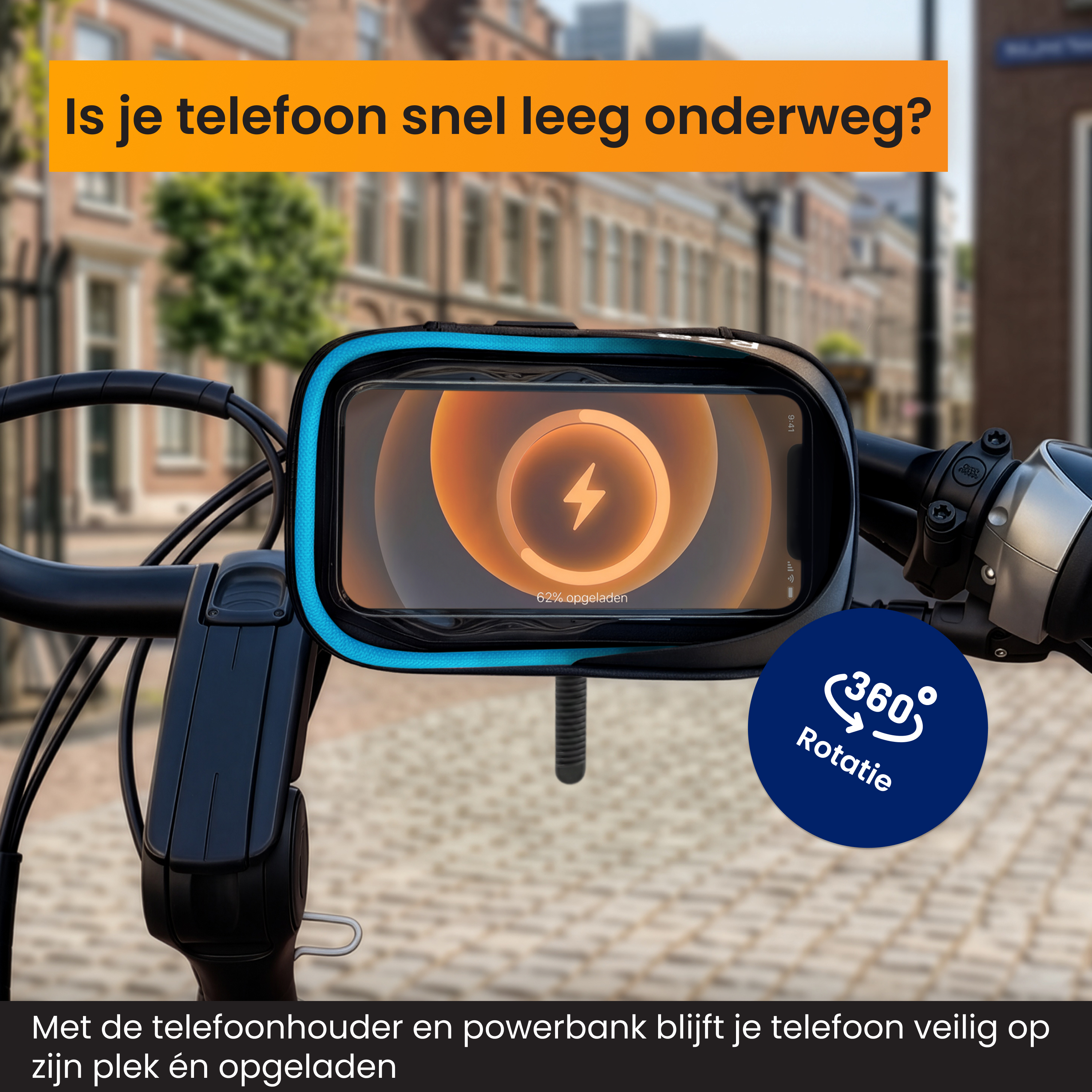Smartphone in blauwe houder op fietsstuur die oplaadt op straat.