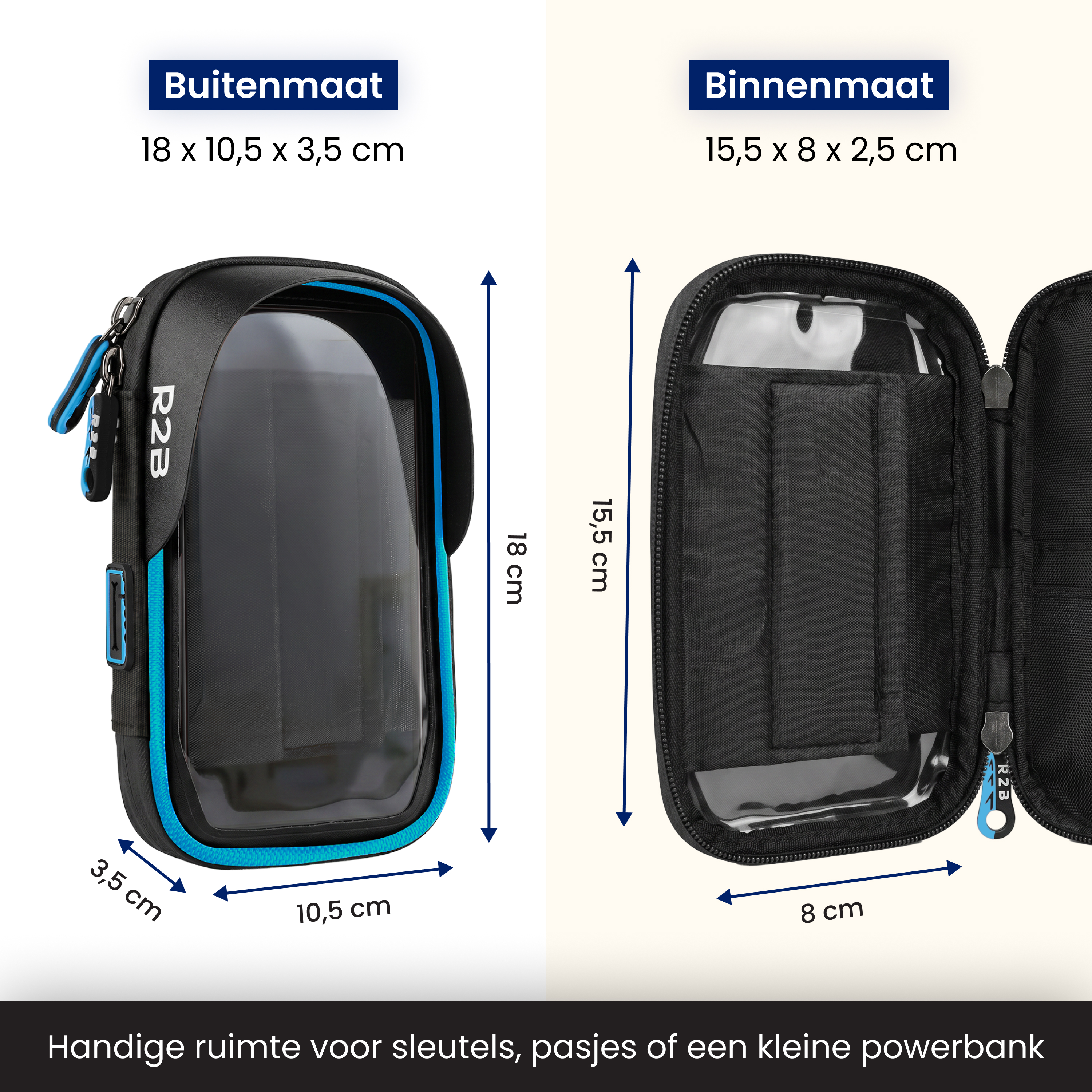 Diagram toont buiten- en binnenmaten van een zwarte R2B fiets-telefoontas met blauwe accenten en rits.