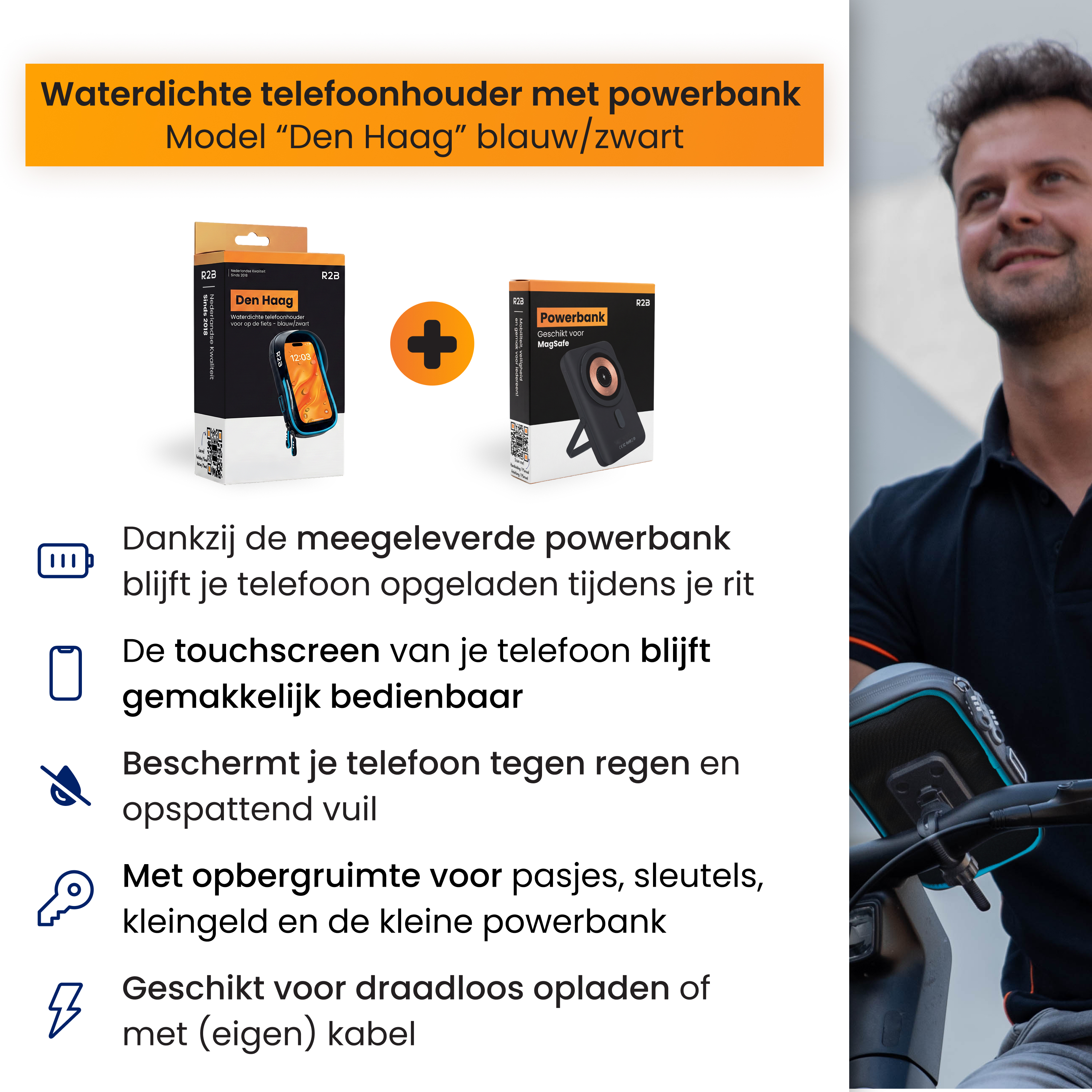 Waterdichte telefoonhouder met powerbank, model Den Haag, met productdozen en opsomming van voordelen.