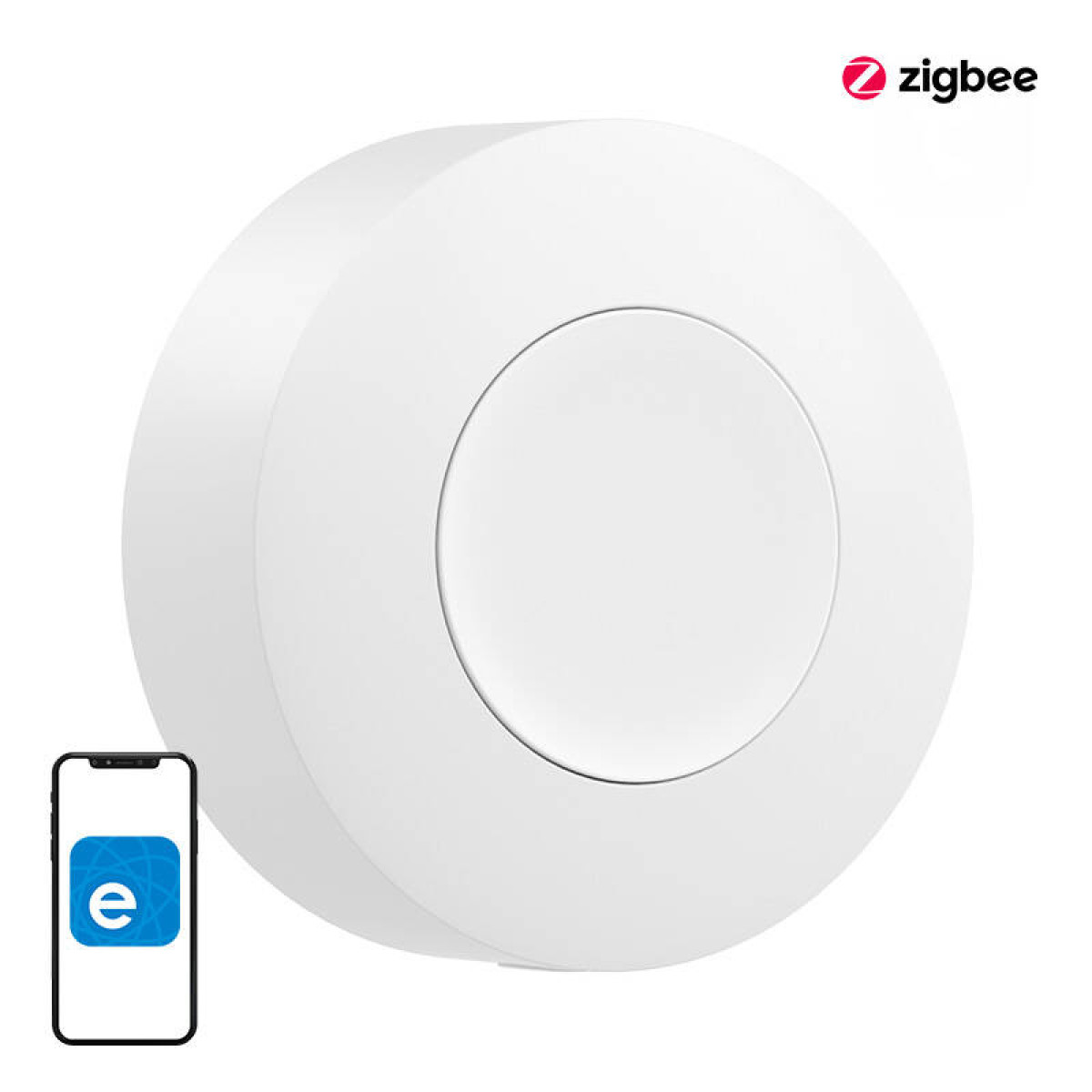 Weißer, runder Zigbee-Sensor mit Smartphone und App-Symbol unten links.