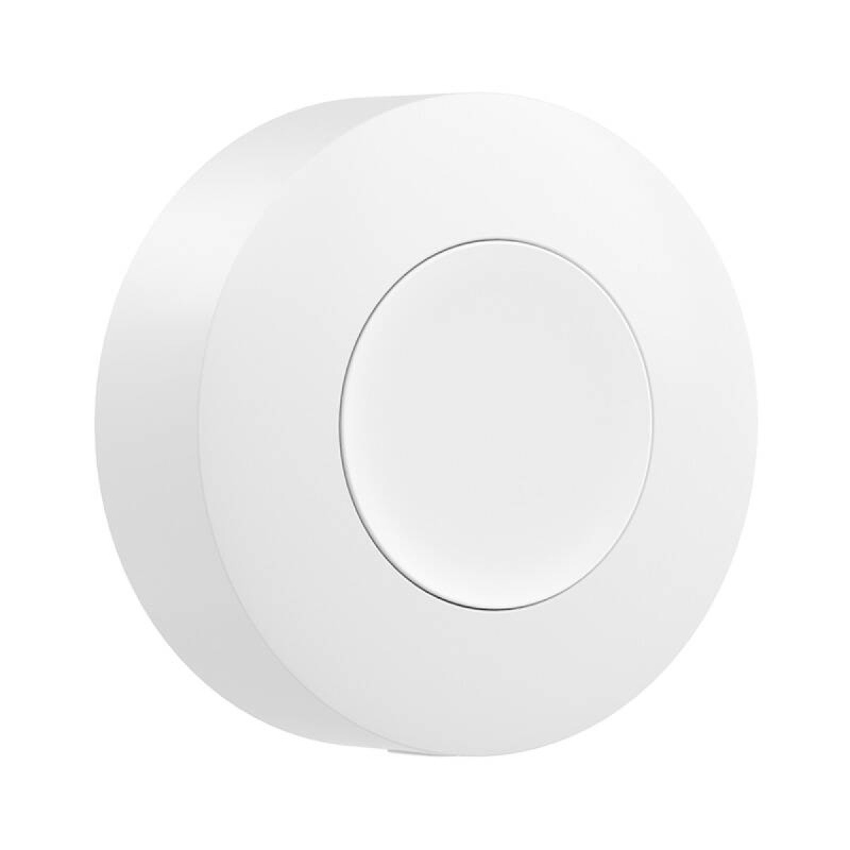 Ein weißer, runder Smart-Button mit einer zentralen runden Taste auf einer ebenen Fläche.