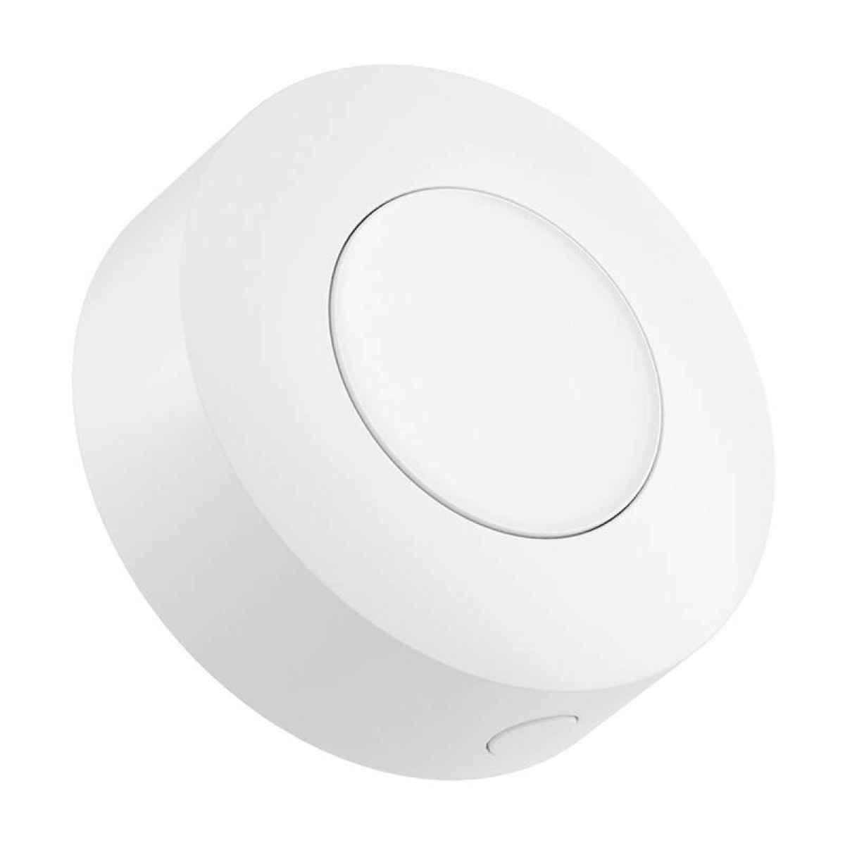 Ein weißer, runder Smart-Home-Button mit einer zentralen Taste auf weißem Hintergrund.