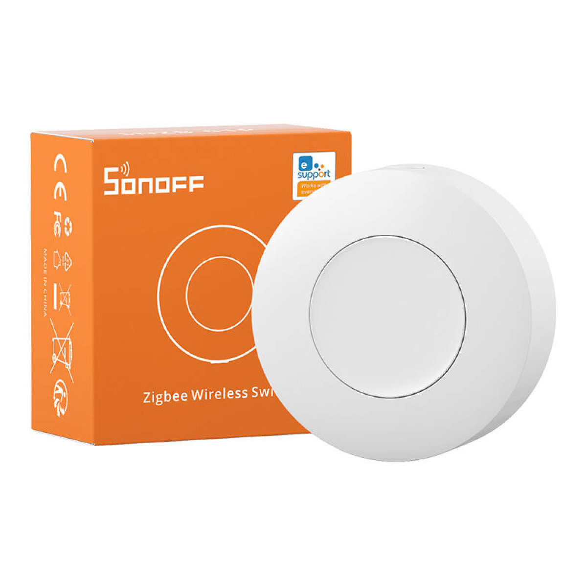 Ein weißer, runder Sonoff Zigbee Wireless Switch neben seiner orangefarbenen Verpackung auf weißem Hintergrund.