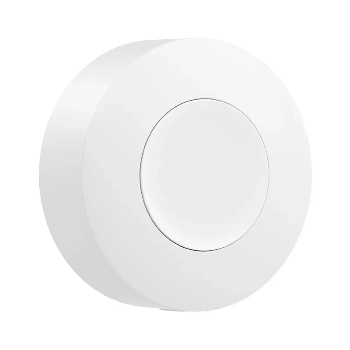 Ein weißer, runder Smart-Button mit einer zentralen Taste auf weißem Hintergrund.