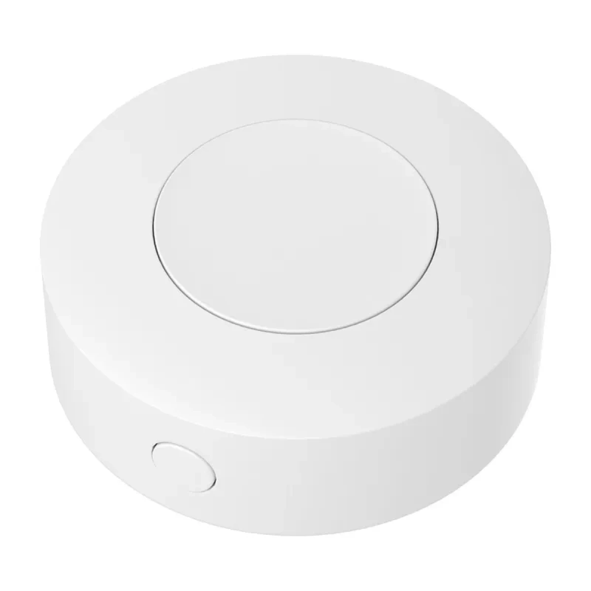 Ein weißer, runder Smart-Button mit einer zentralen Taste und einem seitlichen Funktionsknopf.