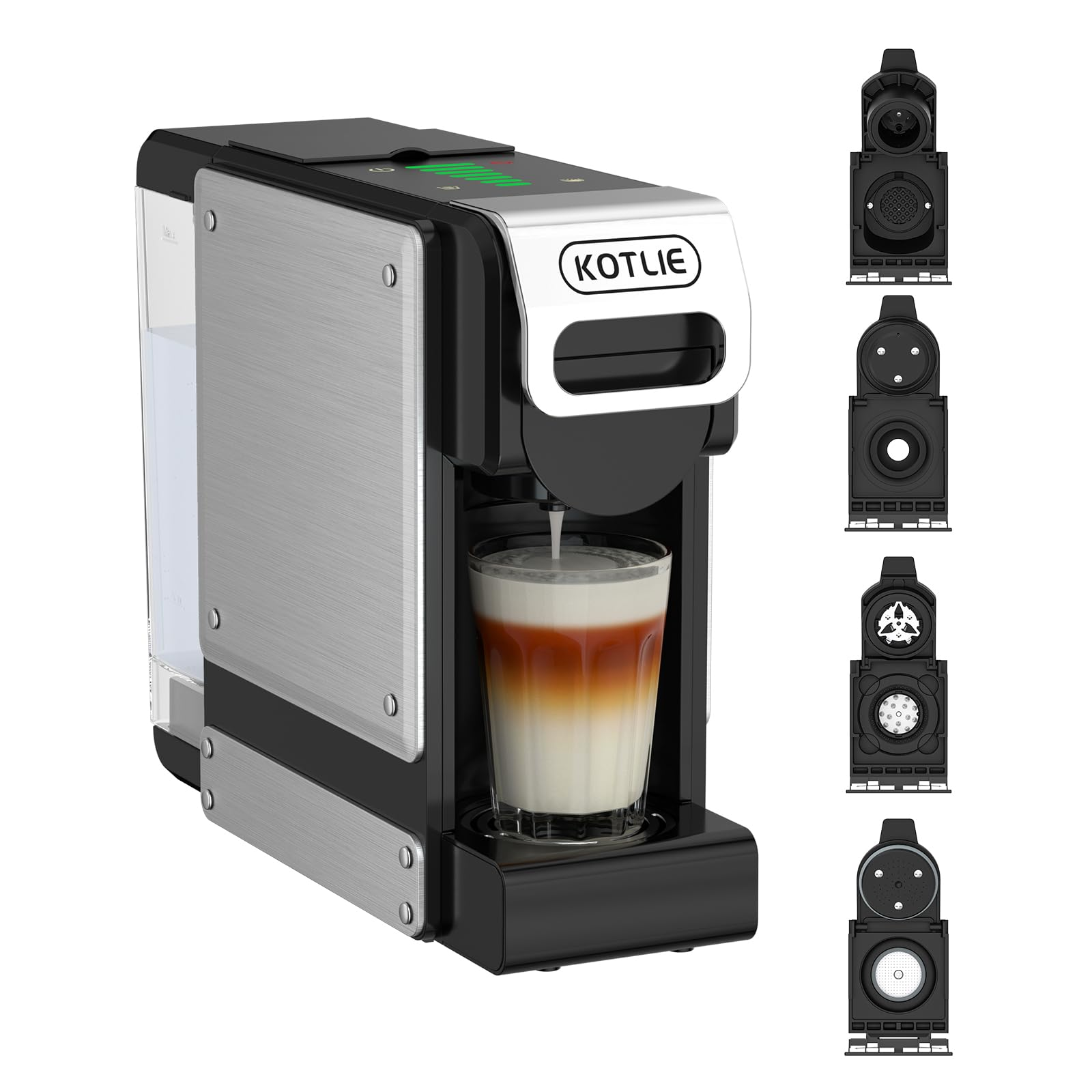 Macchina da caffè Kotlie con pannelli laterali argentati che riempie un bicchiere di caffè, con quattro adattatori a destra.