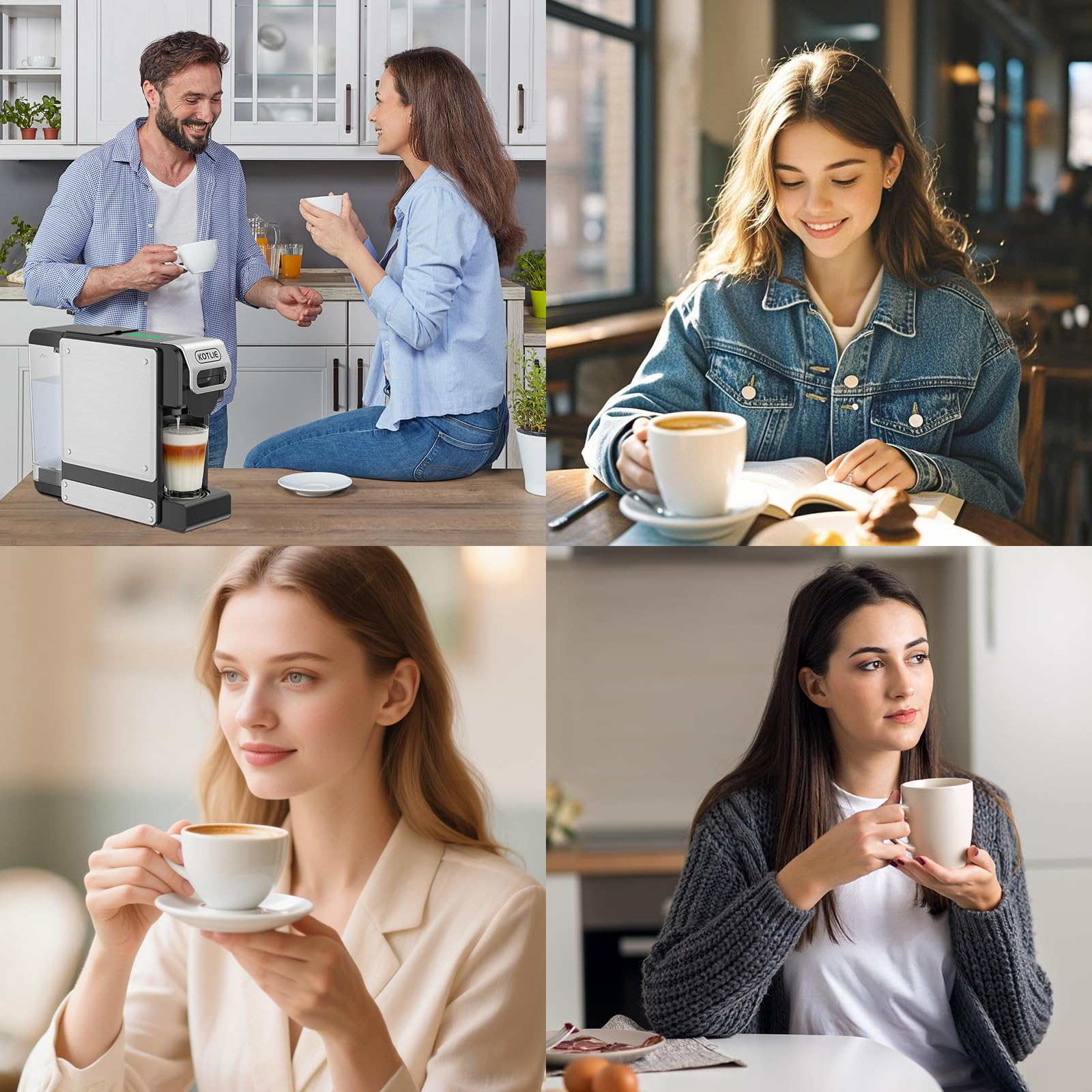 Collage di persone che bevono caffè, con una macchina da caffè in cucina e donne nei caffè.