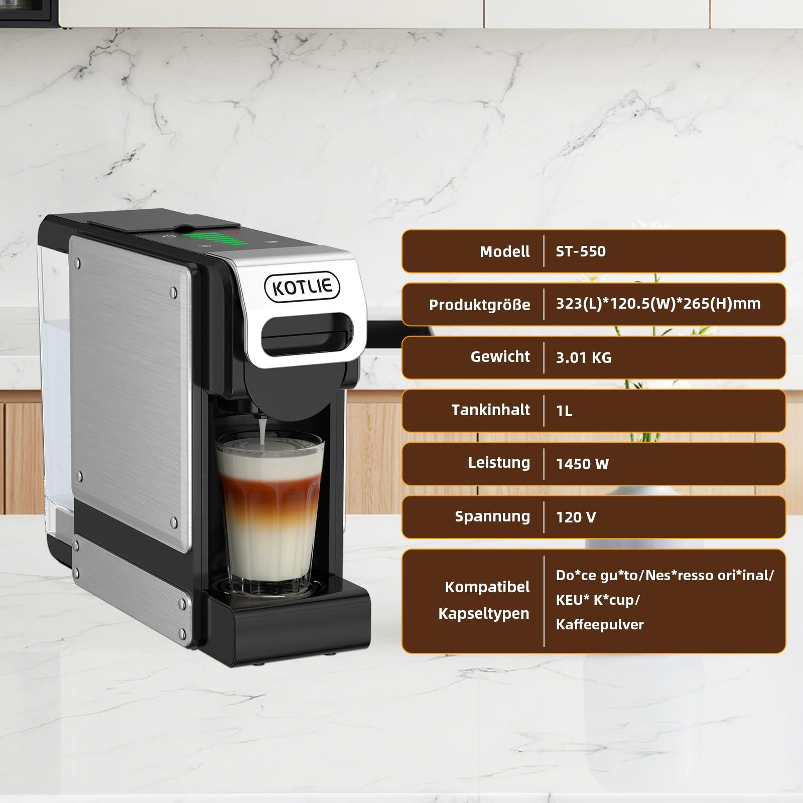Una macchina da caffè Kotlie riempie un bicchiere di caffè a strati, accanto alle specifiche.