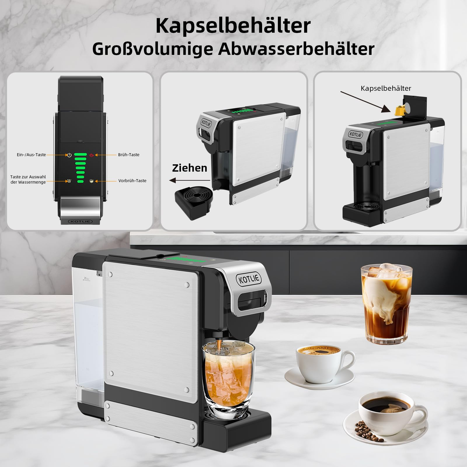 Macchina da caffè Kotlie con contenitore per capsule, schemi illustrativi e bicchieri di caffè su marmo.