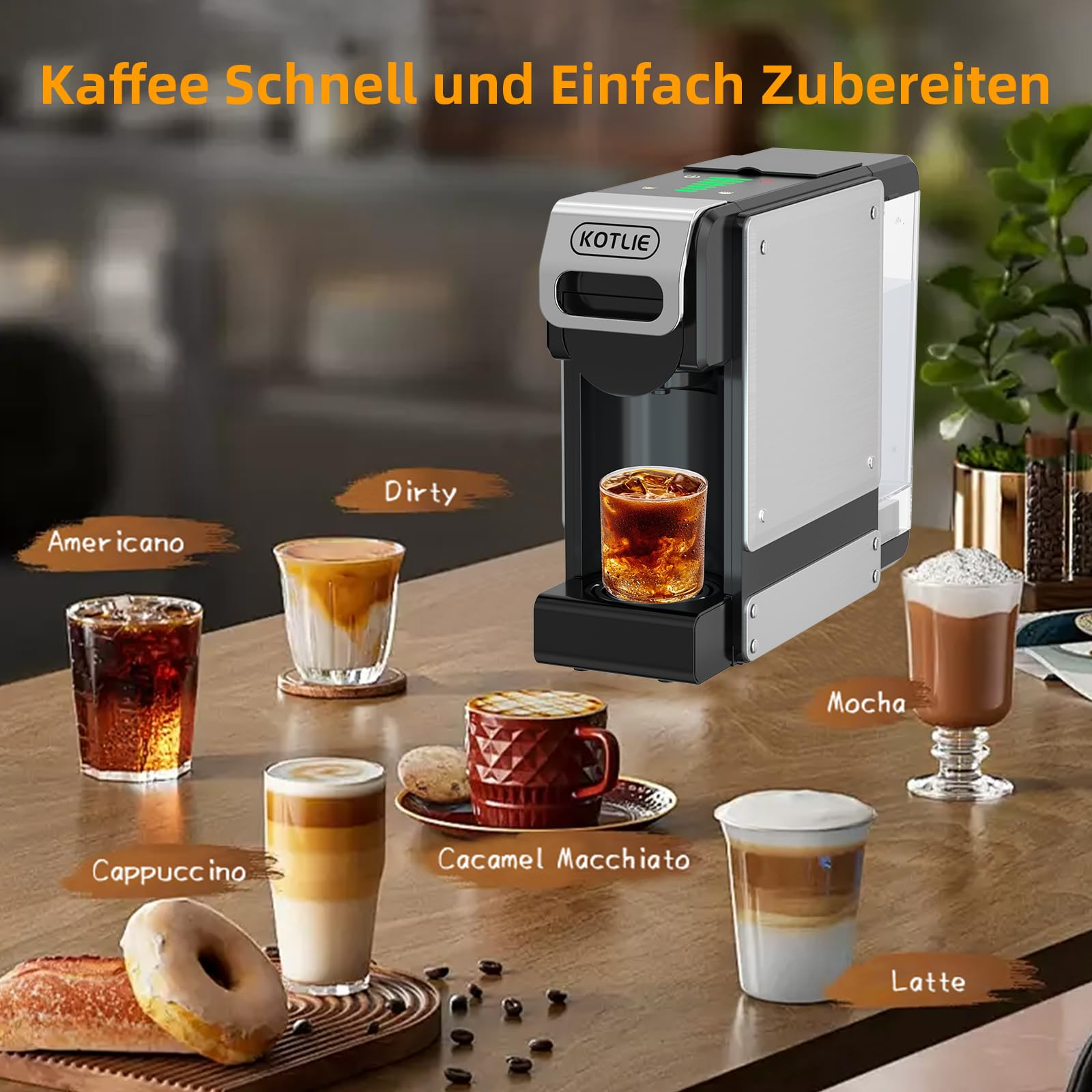 Una macchina da caffè KOTLIE su un tavolo di legno, circondata da varie bevande come latte, cappuccino e mocaccino.