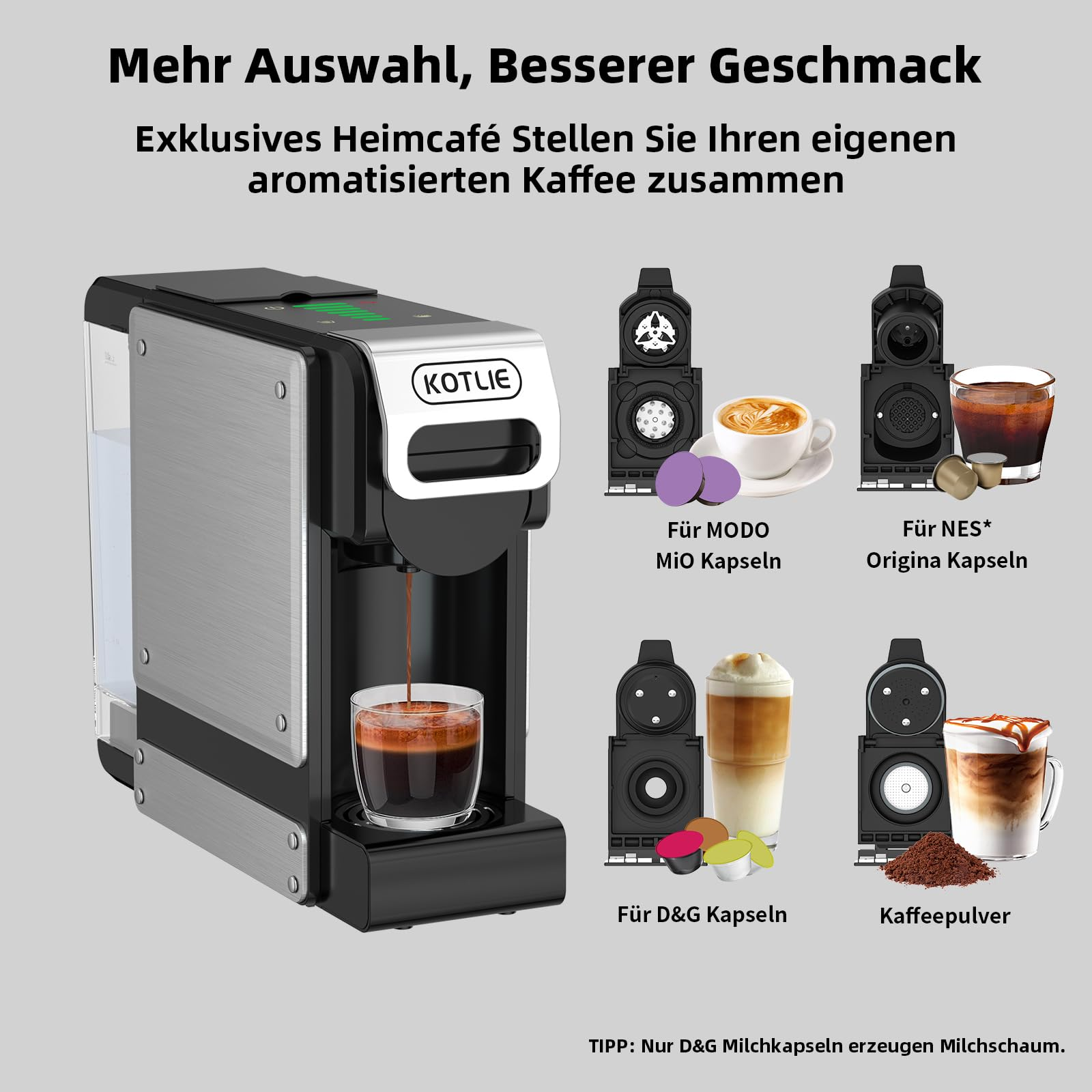 Macchina da caffè Kotlie con capsule e caffè in polvere, che prepara varie specialità di caffè.