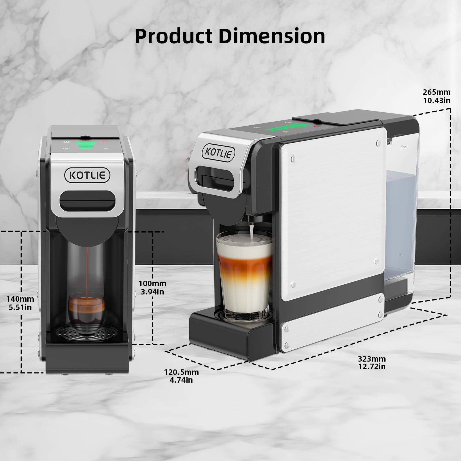 Diagramma che mostra le dimensioni di una macchina da caffè Kotlie argento e nera con misure.