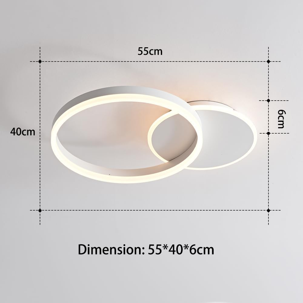 Weißgebeizte moderne Deckenlampe mit überlappenden Ringen und Maßangaben.