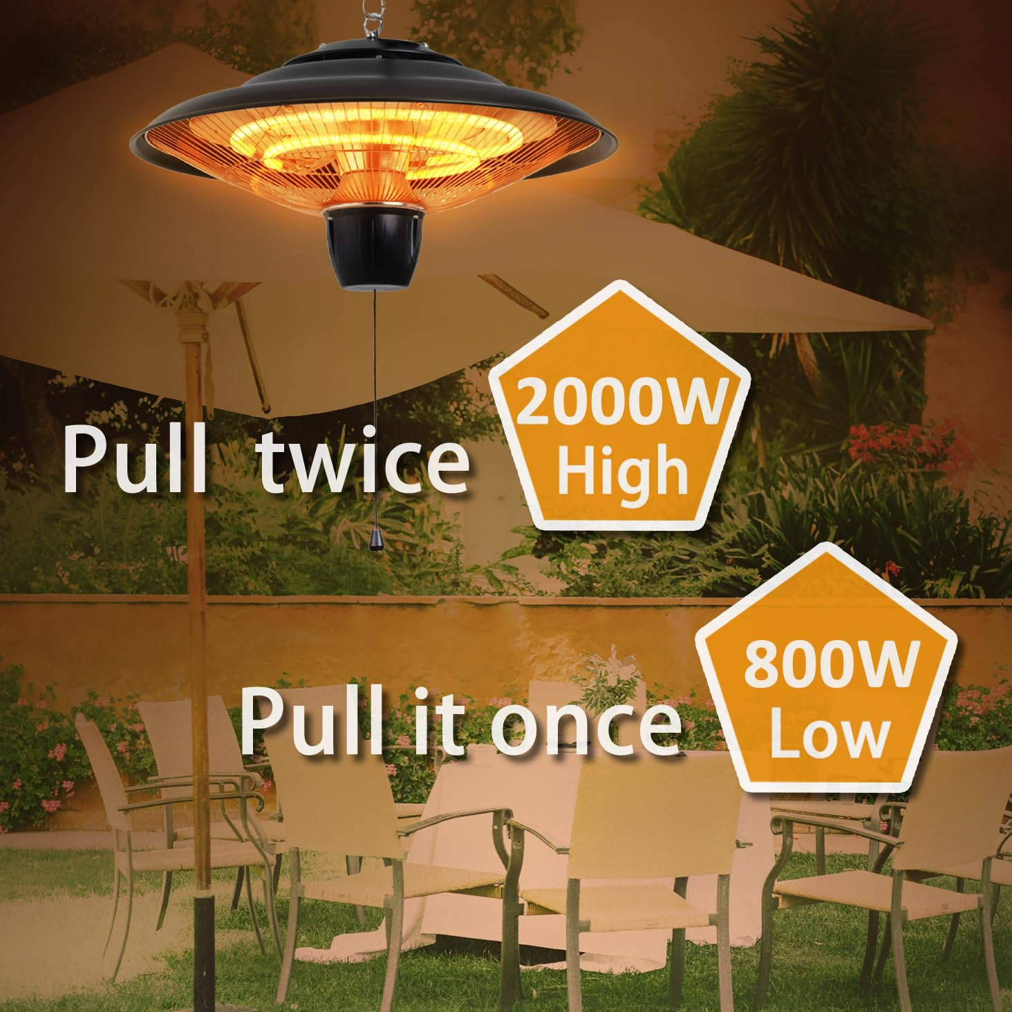 Terrassenheizstrahler unter einem Sonnenschirm mit Stufen 800W und 2000W.