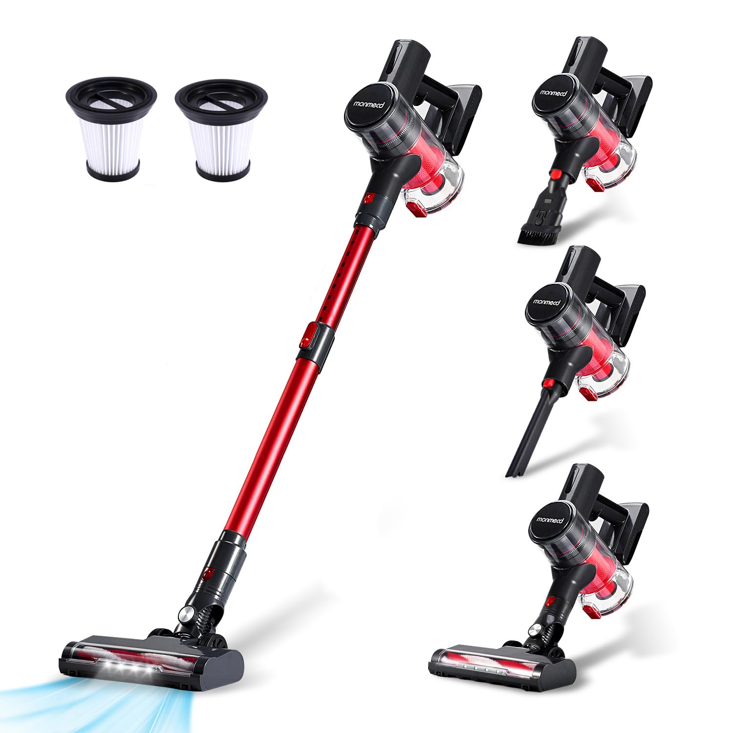 Aspirapolvere senza fili rosso e nero con vari accessori e due filtri su sfondo bianco.