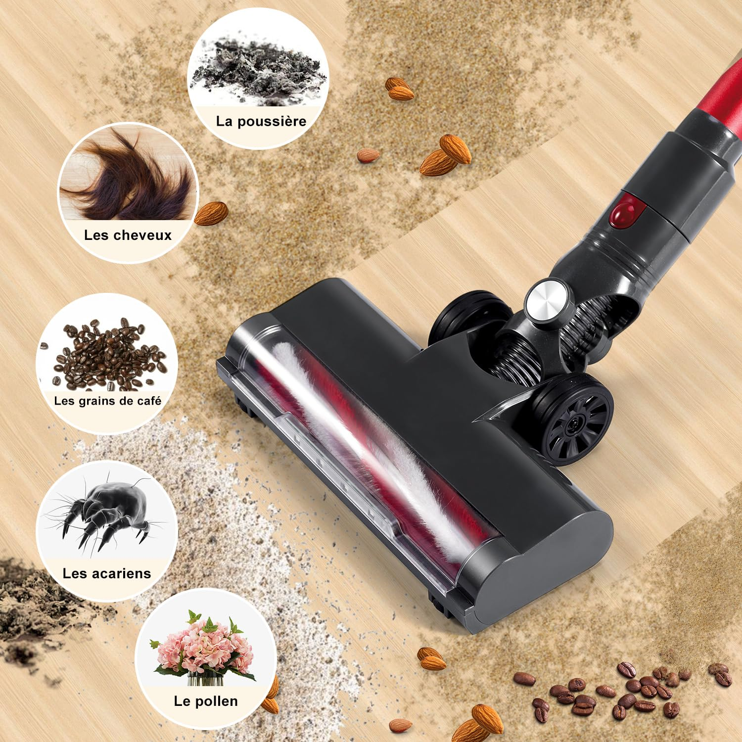 Testina di aspirapolvere su pavimento in legno, con inserti di polvere, capelli, chicchi di caffè, acari e polline.