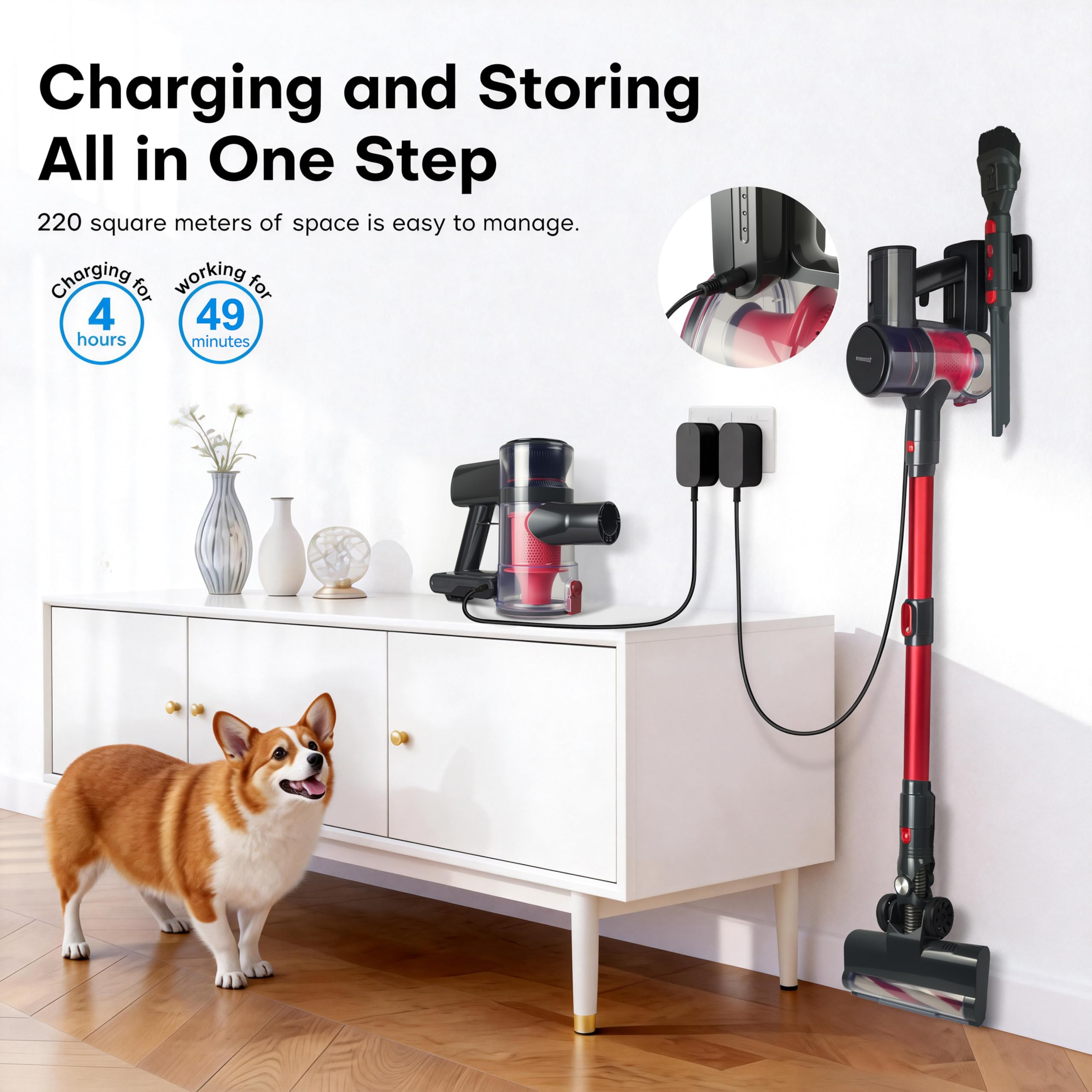 Aspirapolvere senza fili su base di ricarica, cane corgi su pavimento e mobile bianco.