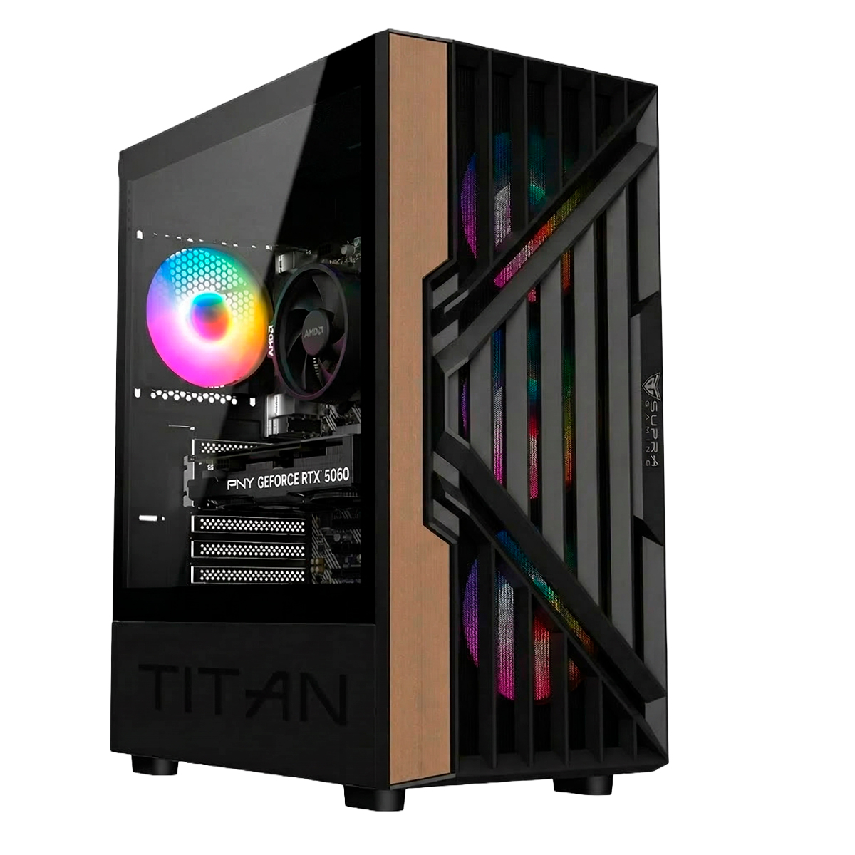 Tower PC nero con pannello laterale in vetro, accento in legno e ventole RGB colorate.