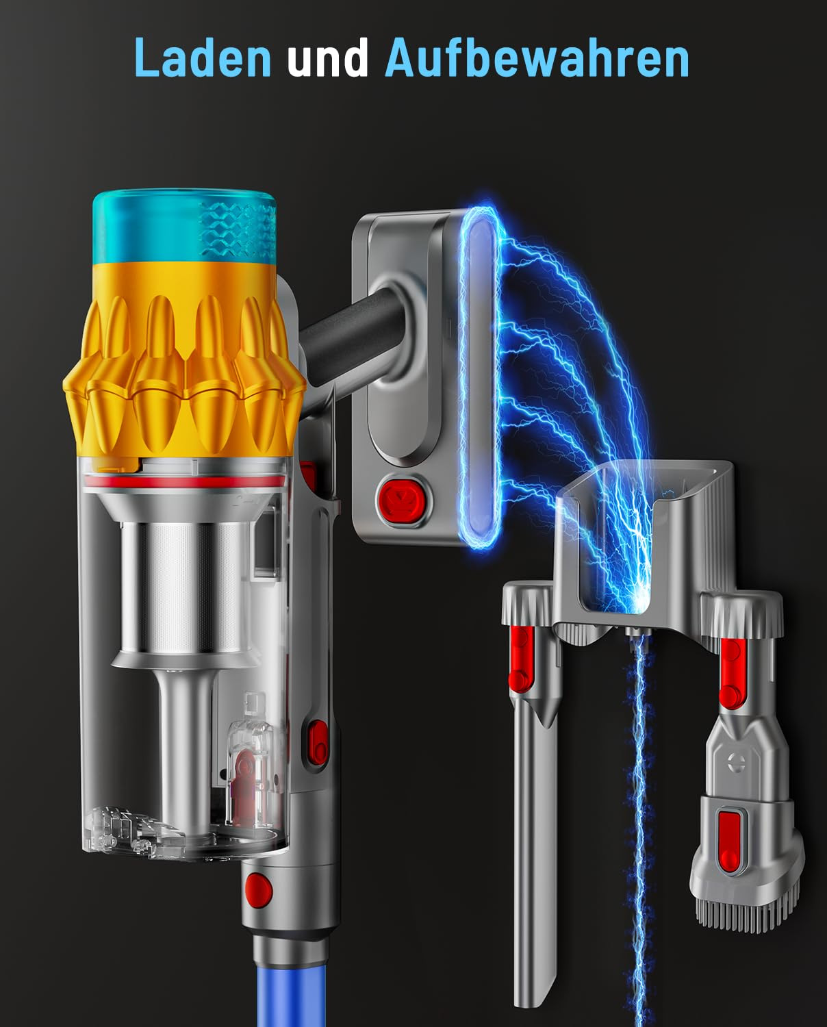 Un aspirapolvere senza fili si carica su un supporto a muro con scintille elettriche blu.