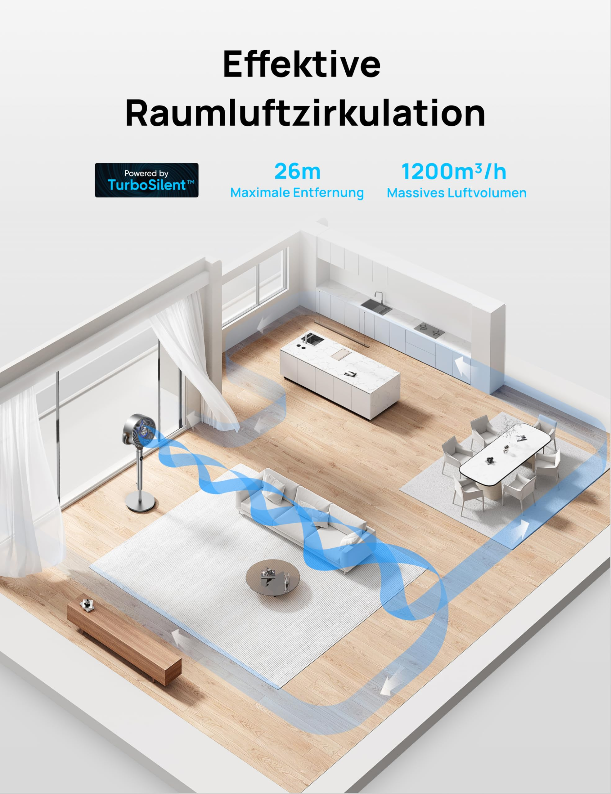 Isometrische Ansicht eines modernen Wohnzimmers mit einem Standventilator, der Luft durch den Raum zirkuliert.
