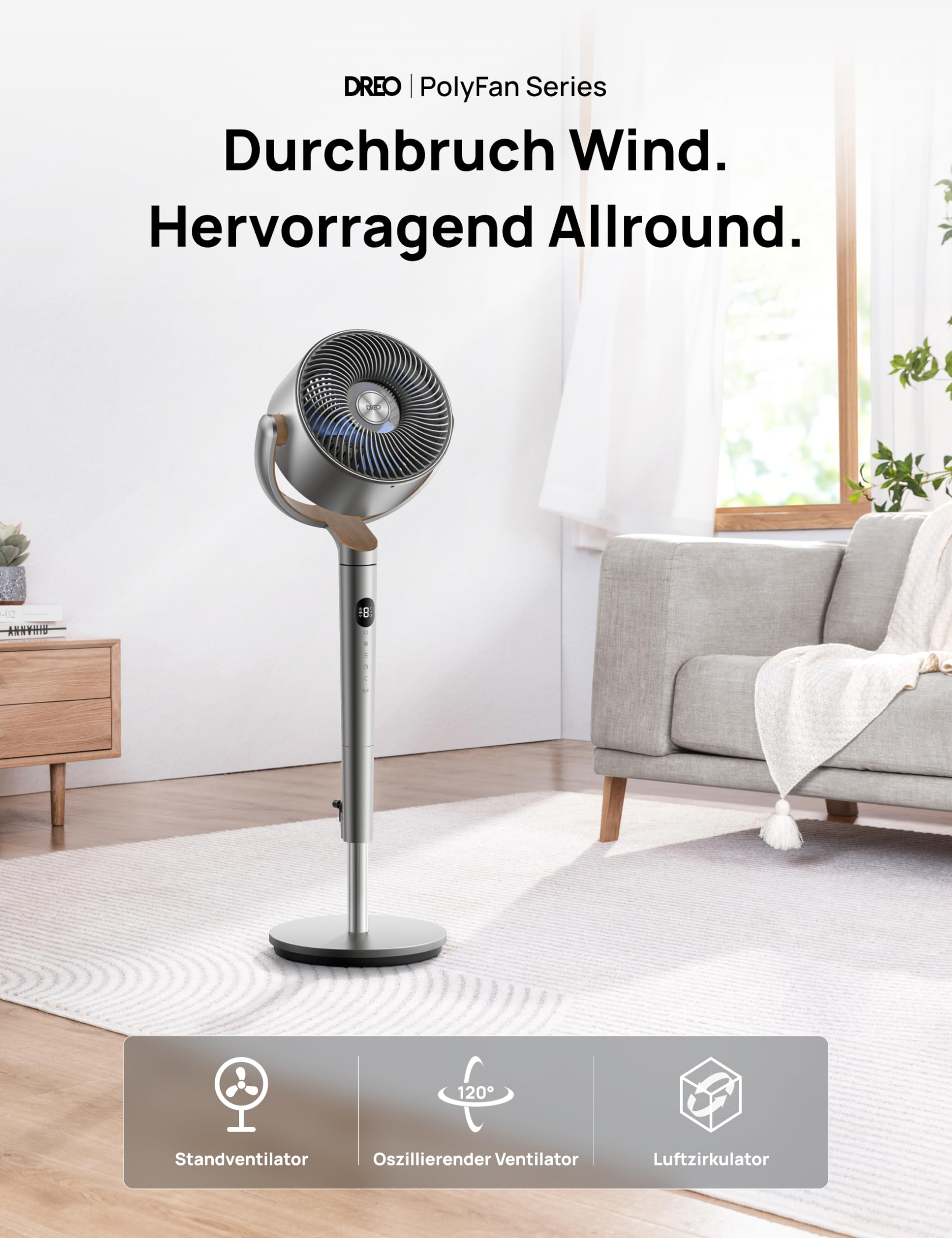 Moderne Dreo Standventilator in hellem Wohnzimmer vor Sofa.