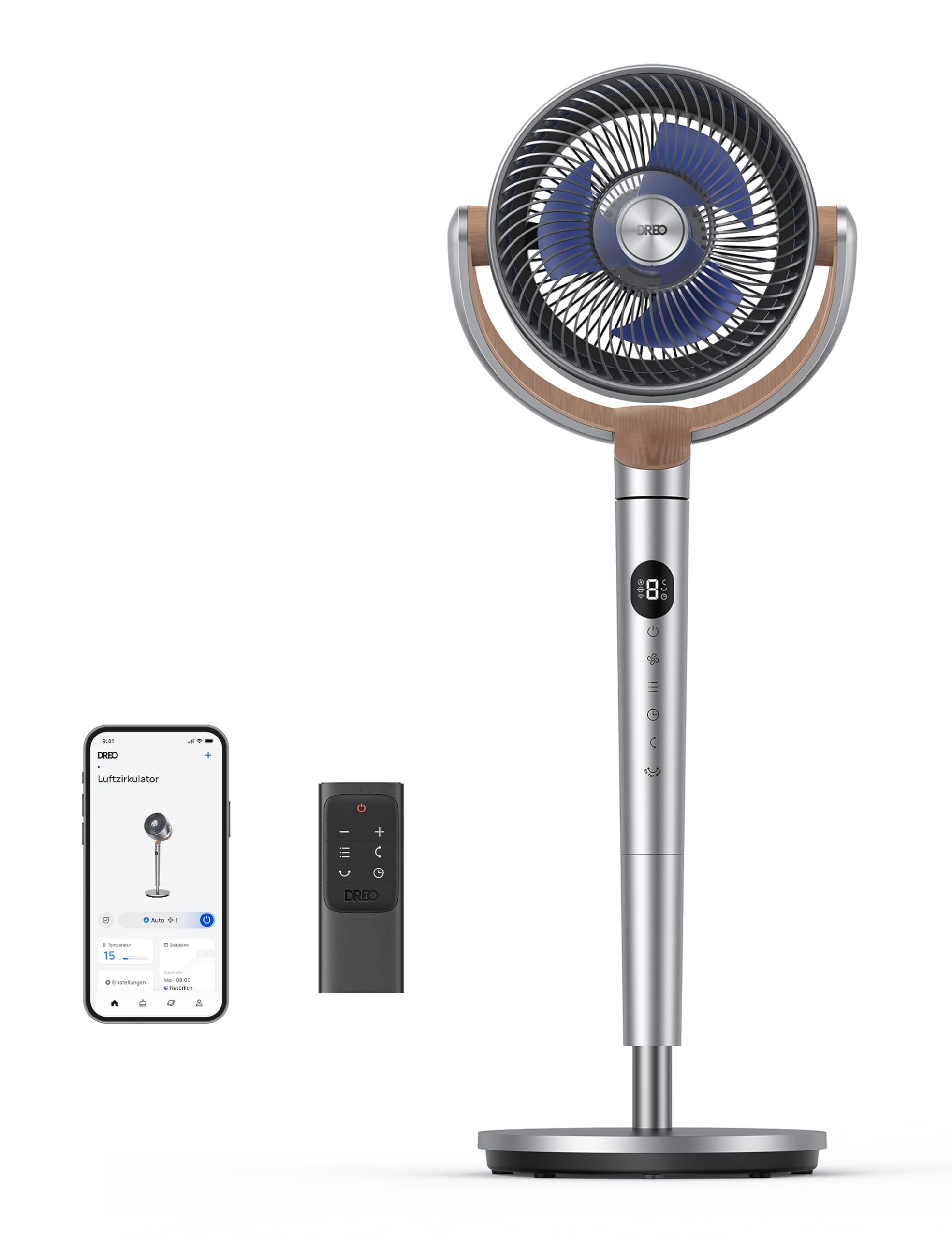 Moderne Stehventilator mit Holzoptik, Fernbedienung und Smartphone-App auf weißem Hintergrund.