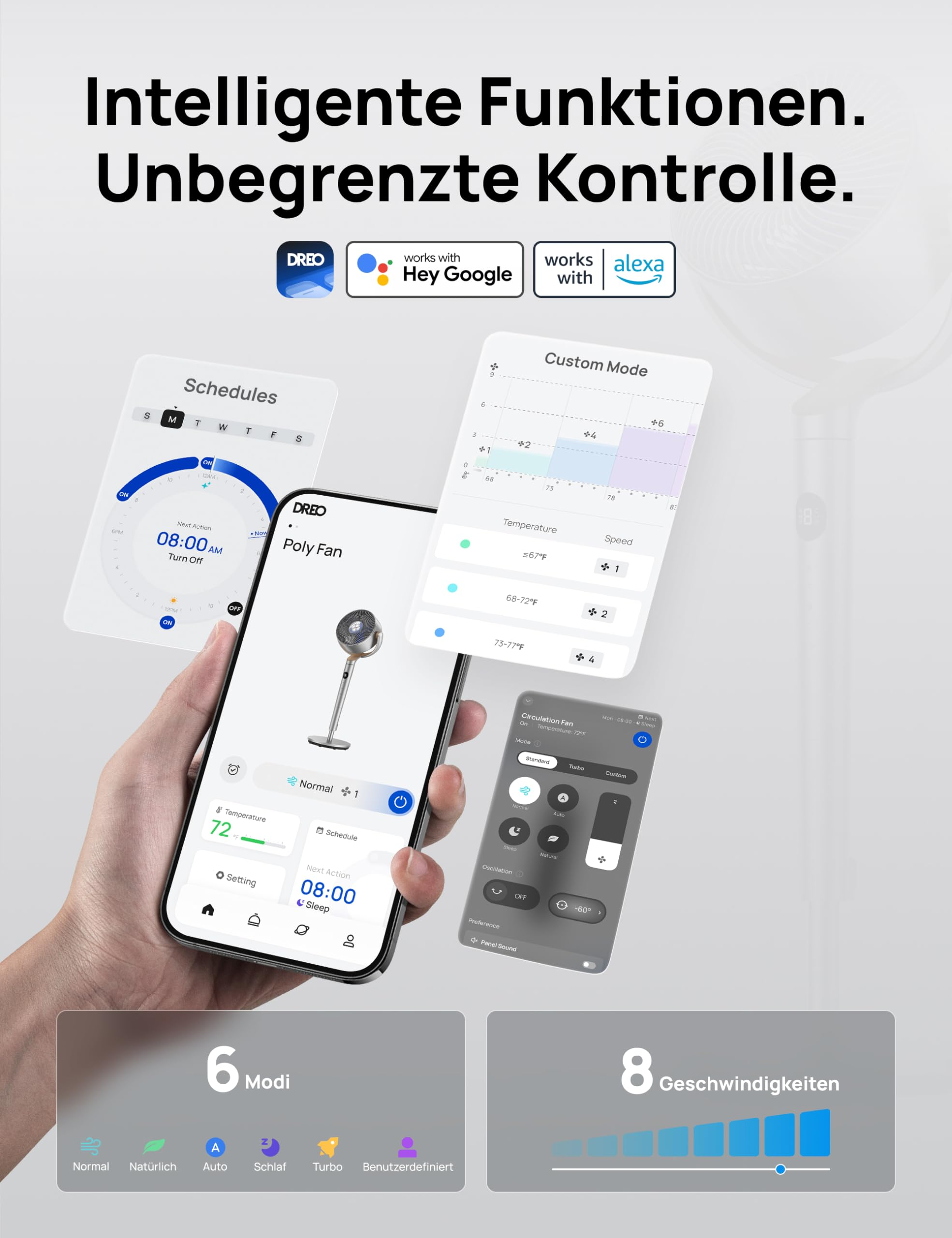 Smartphone zeigt App-Oberfläche für einen smarte Ventilator mit Sprachsteuerung und anpassbaren Einstellungen.