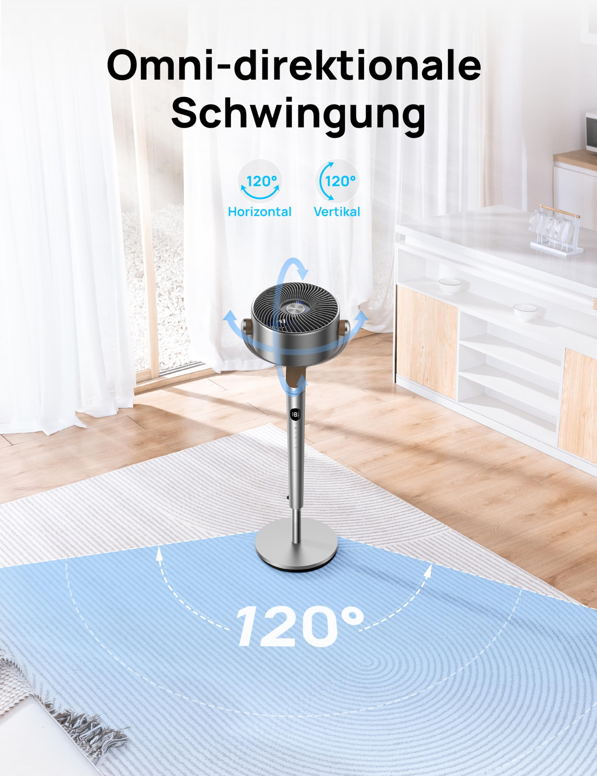 Standventilator mit 120 Grad horizontaler und vertikaler Oszillation im Raum.