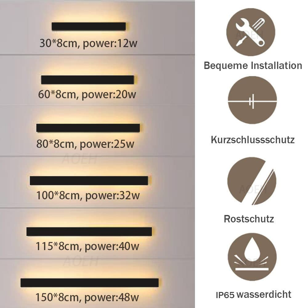 Diagramm zeigt verschiedene LED-Wandleuchten mit Größen, Wattzahlen und Installationssymbolen.