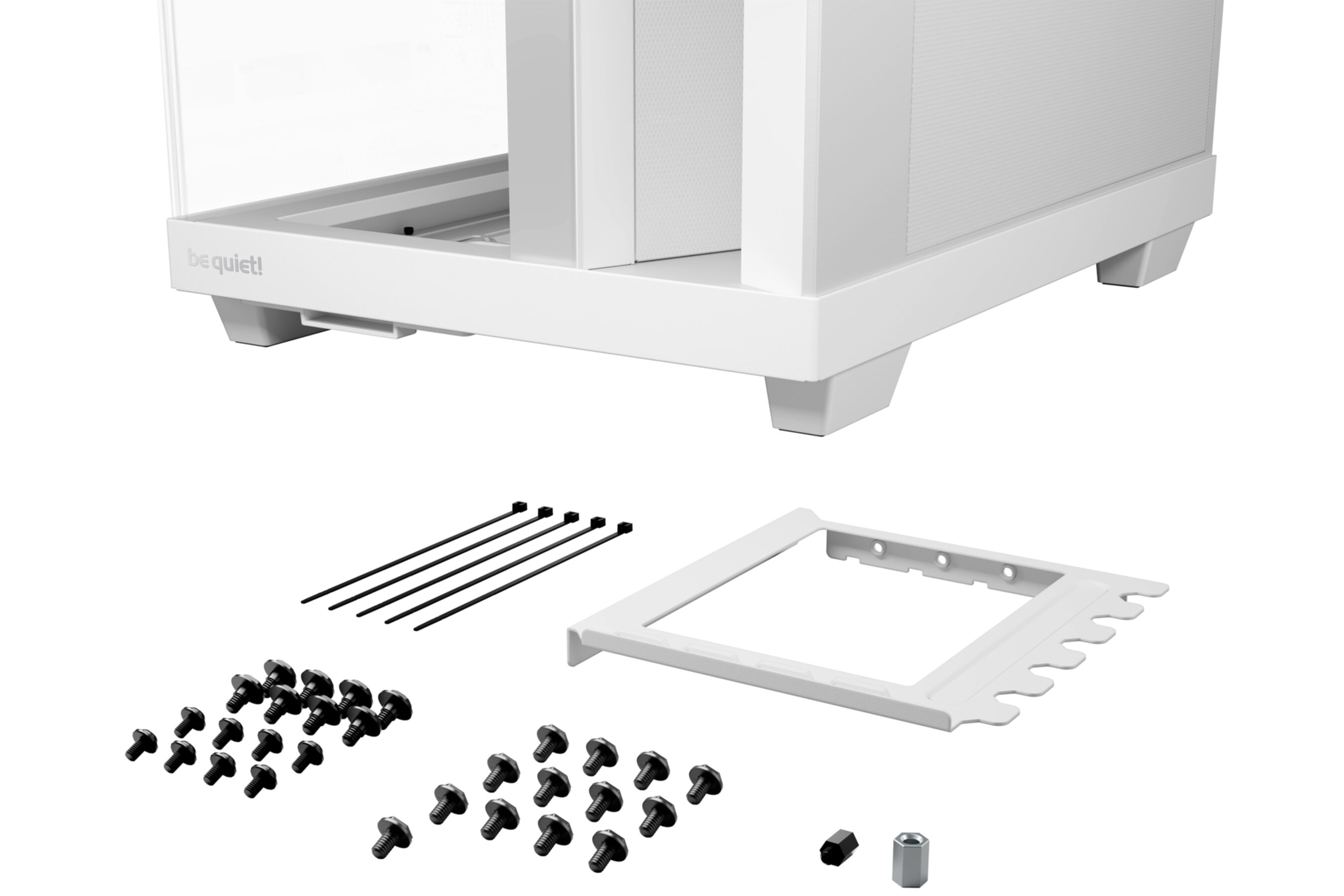 Base de boitier d'ordinateur blanc avec vis, attaches-câbles et support.