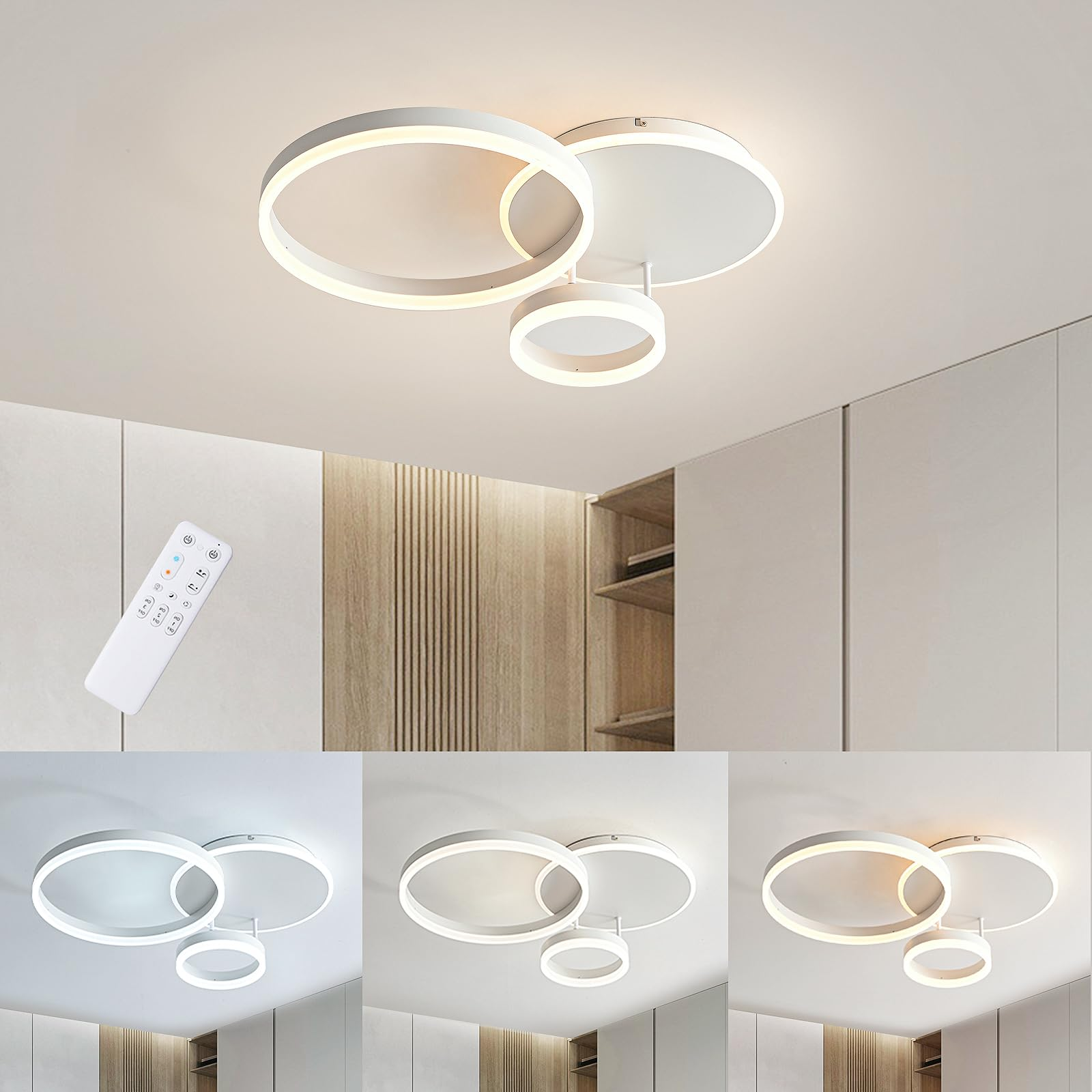 Moderne weiße Deckenlampe mit runden Elementen und einer Fernbedienung, in drei Lichtfarben.