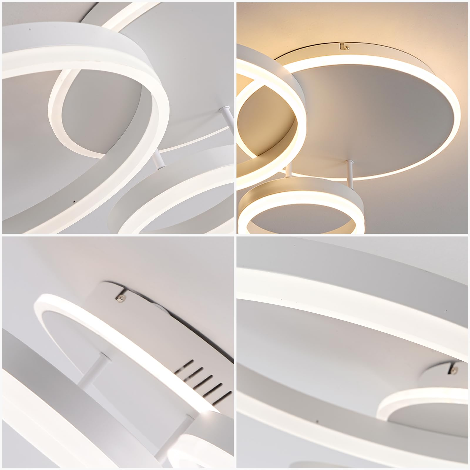 Moderne weiße Deckenlampe mit mehreren kreisförmigen LED-Leuchtelementen aus verschiedenen Blickwinkeln.