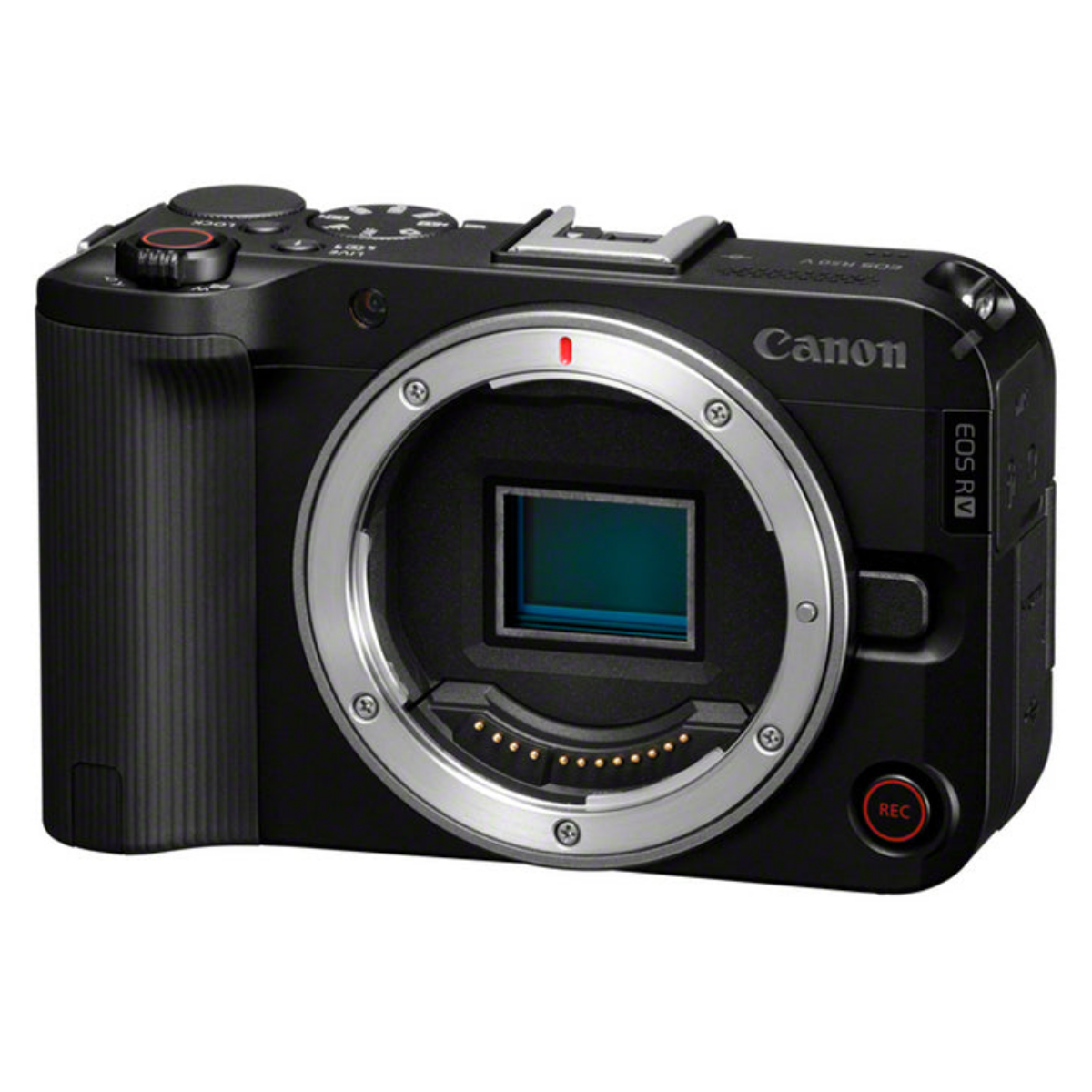 Cuerpo de cámara sin espejo Canon negro con montura, sensor y diales superiores sobre fondo blanco.