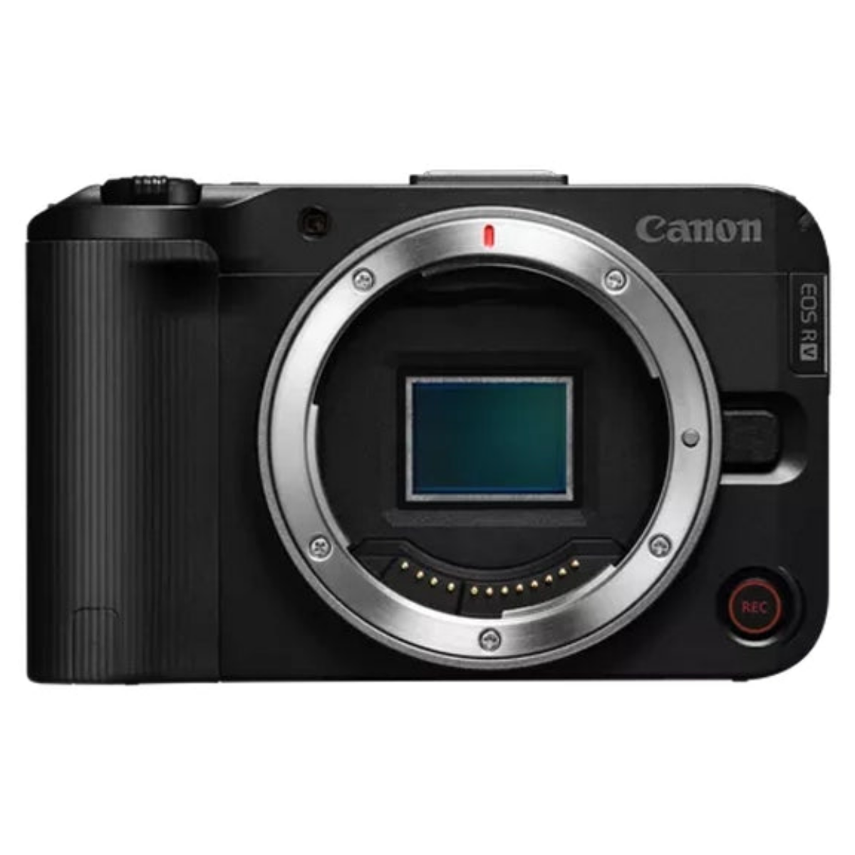 Cámara sin espejo Canon EOS R negra con montura de lente abierta y sensor visible sobre fondo blanco.