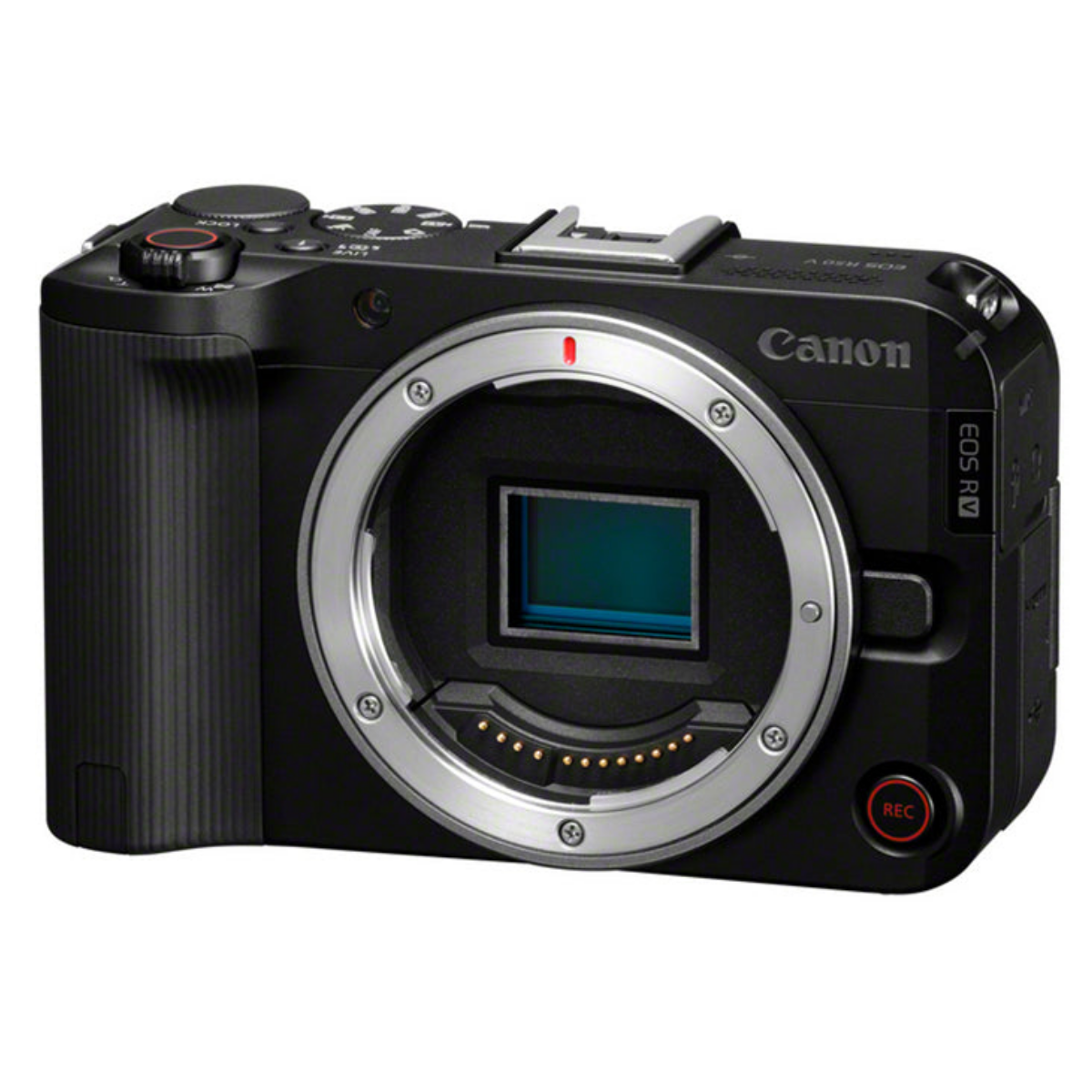 Cámara sin espejo Canon EOS R V negra con montura de objetivo grande y sensor visible sobre un fondo blanco.