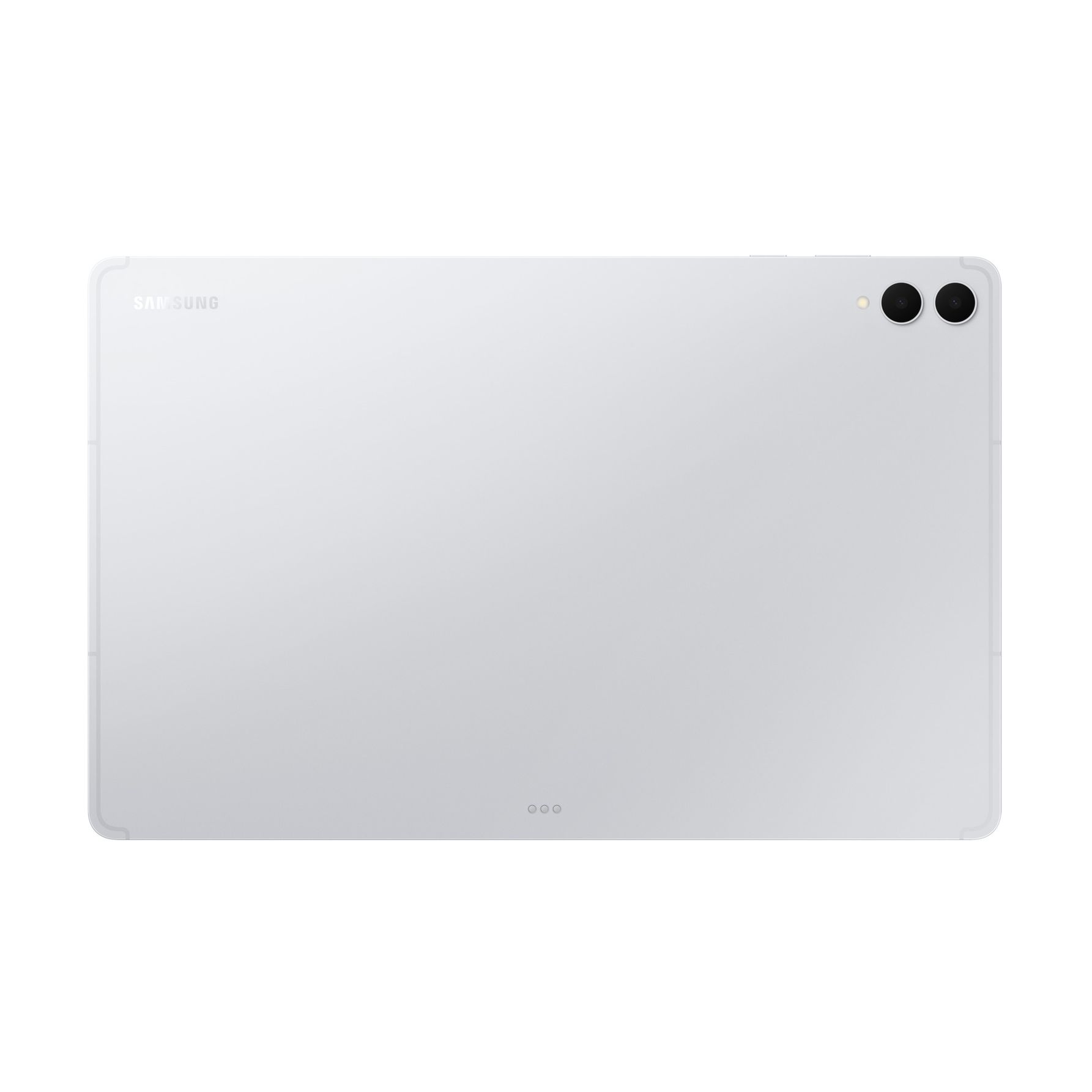 Rückseite eines silbernen Samsung-Tablets mit zwei Kameras oben rechts, dem Samsung-Logo links und Anschlüssen unten.