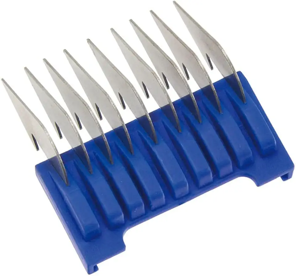 Ein blauer Kunststoffhalter mit neun Metallklingen in Reih und Glied.