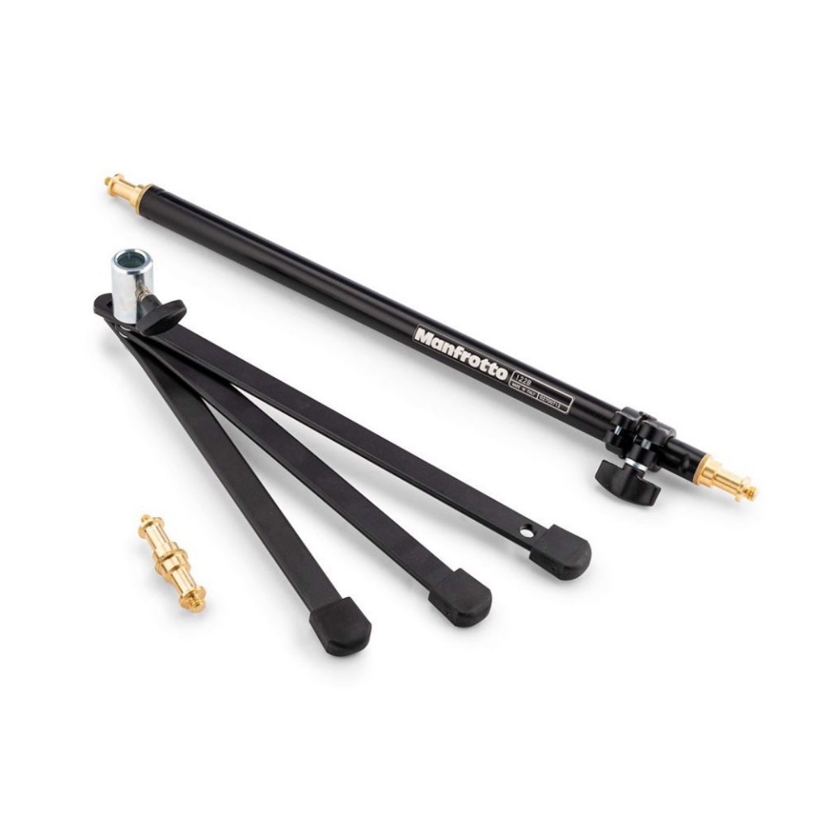 Set di gambe di supporto Manfrotto nere con parti metalliche su sfondo bianco.