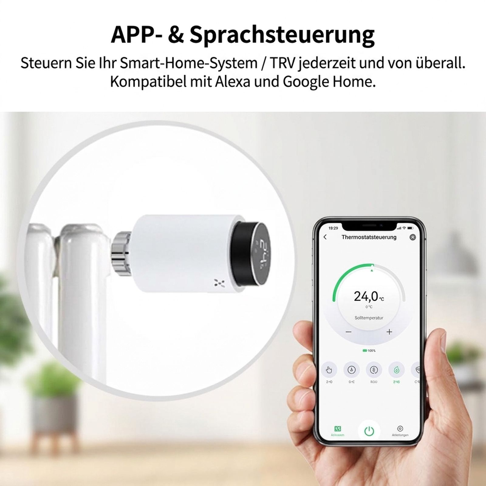 Smartphone zeigt App zur Steuerung eines weißen Heizkörperthermostats.