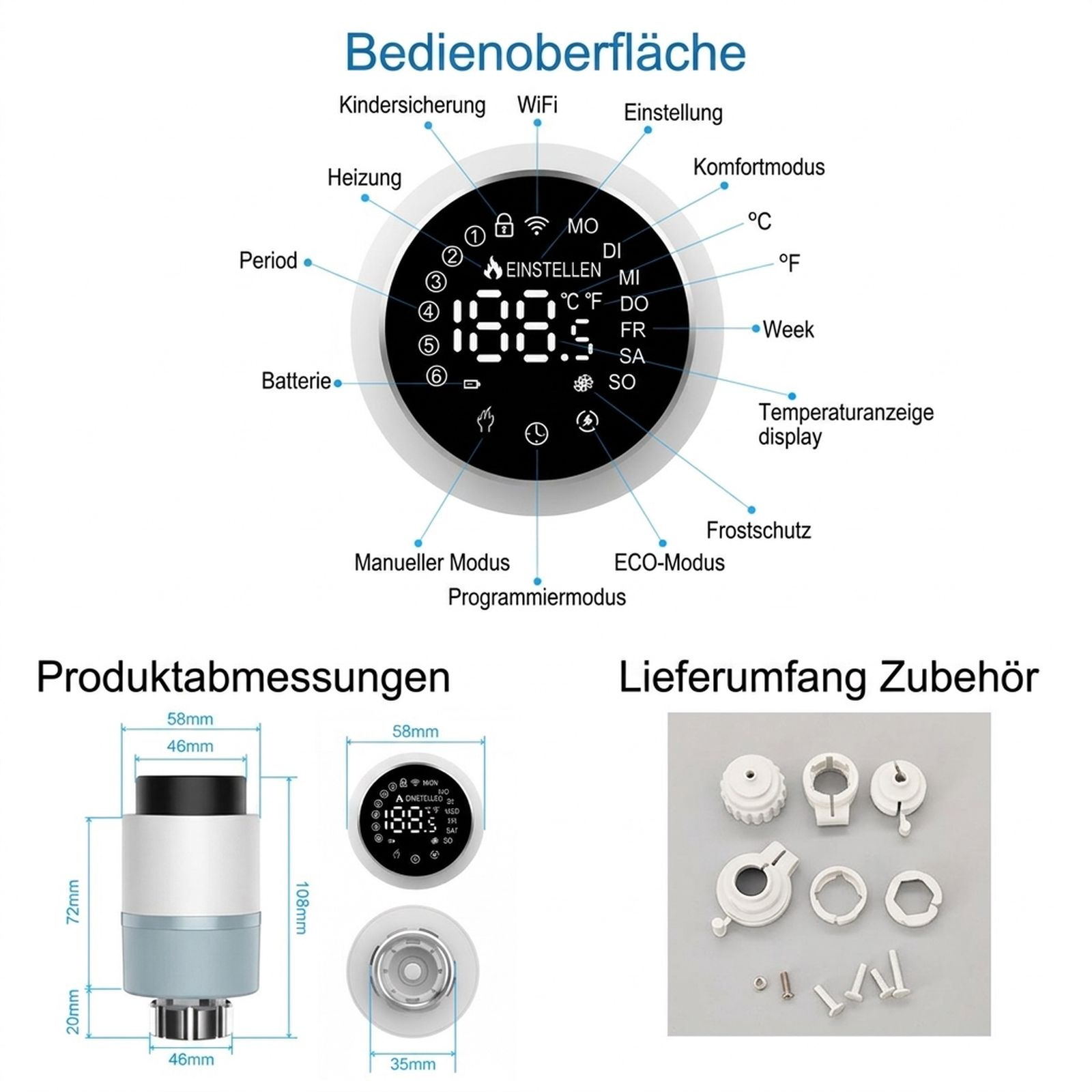 Diagramm mit Smart-Heizkörperventil-Schnittstelle, Abmessungen und Zubehör.