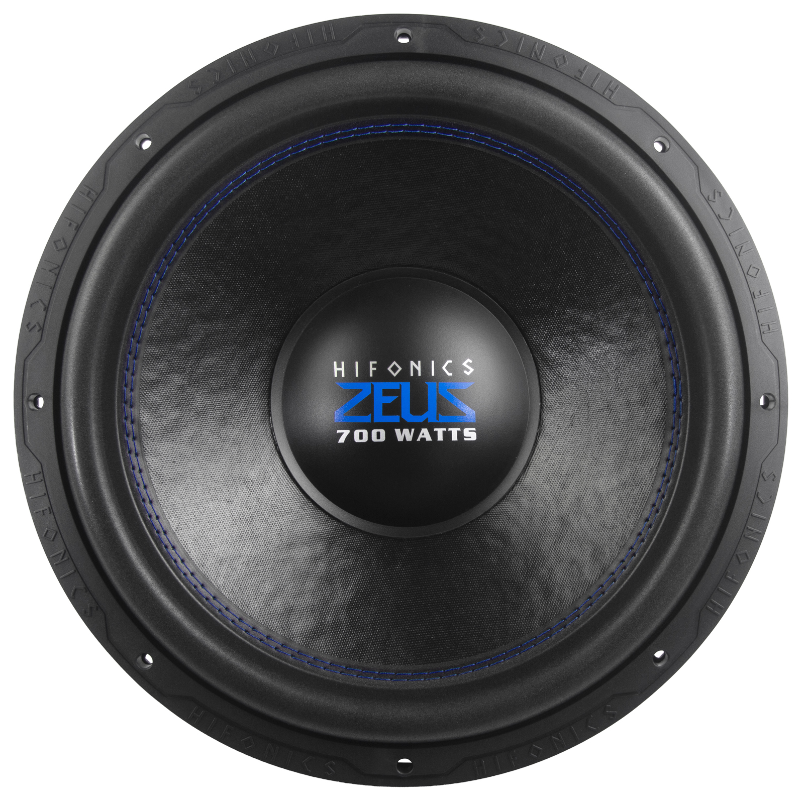 Ein schwarzer Hifonics Zeus 700 Watts Subwoofer mit blauen Nähten und Logo.