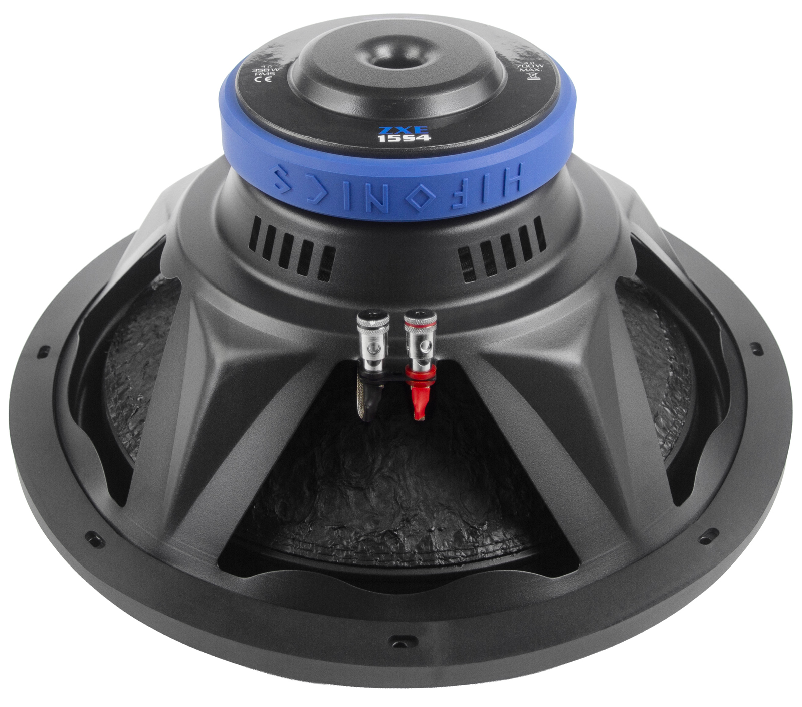 Ein großer schwarzer Subwoofer mit blauem Akzentring und zwei Anschlüssen auf weißem Hintergrund.