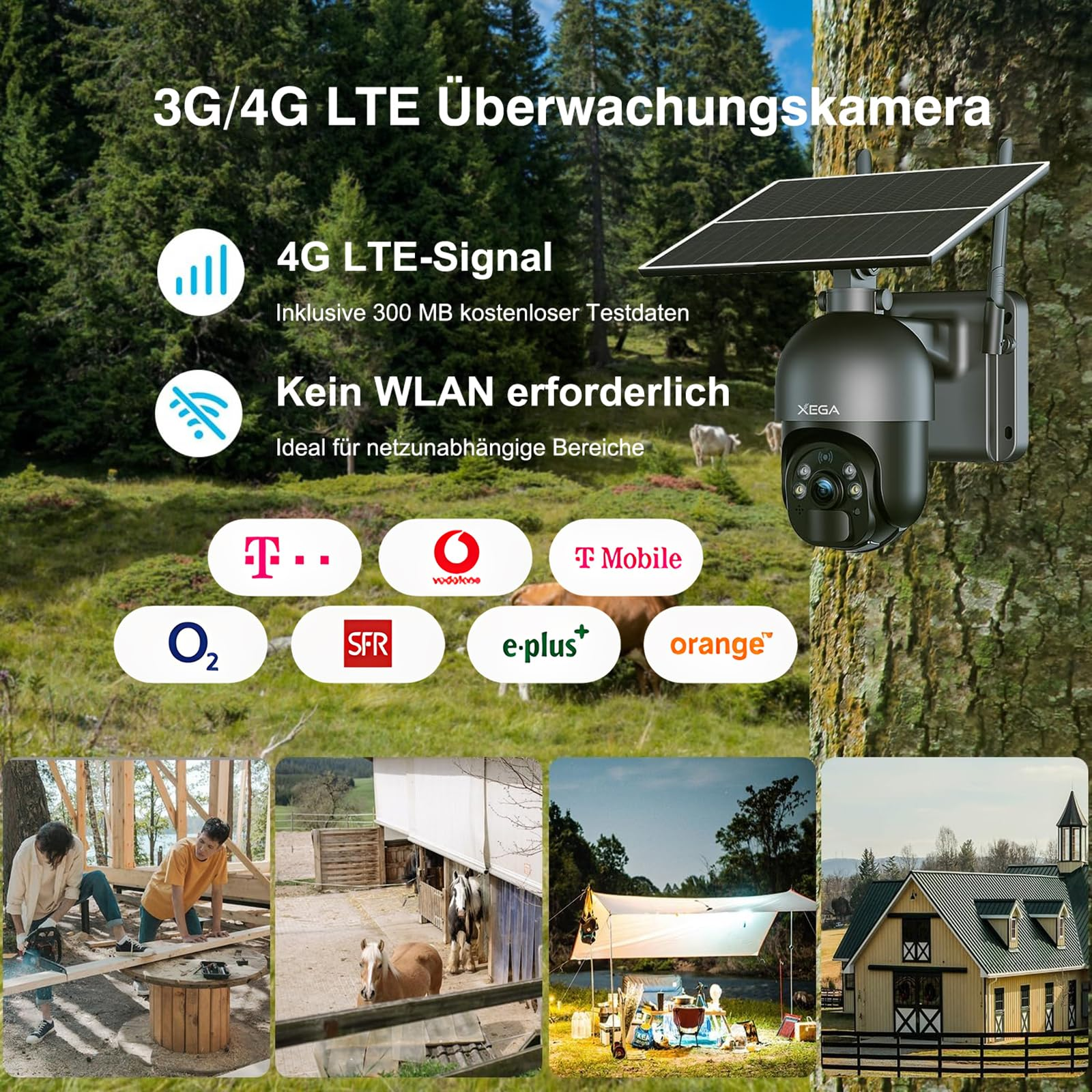 Telecamera di sicurezza solare 4G LTE in bosco con testo tedesco e scene.