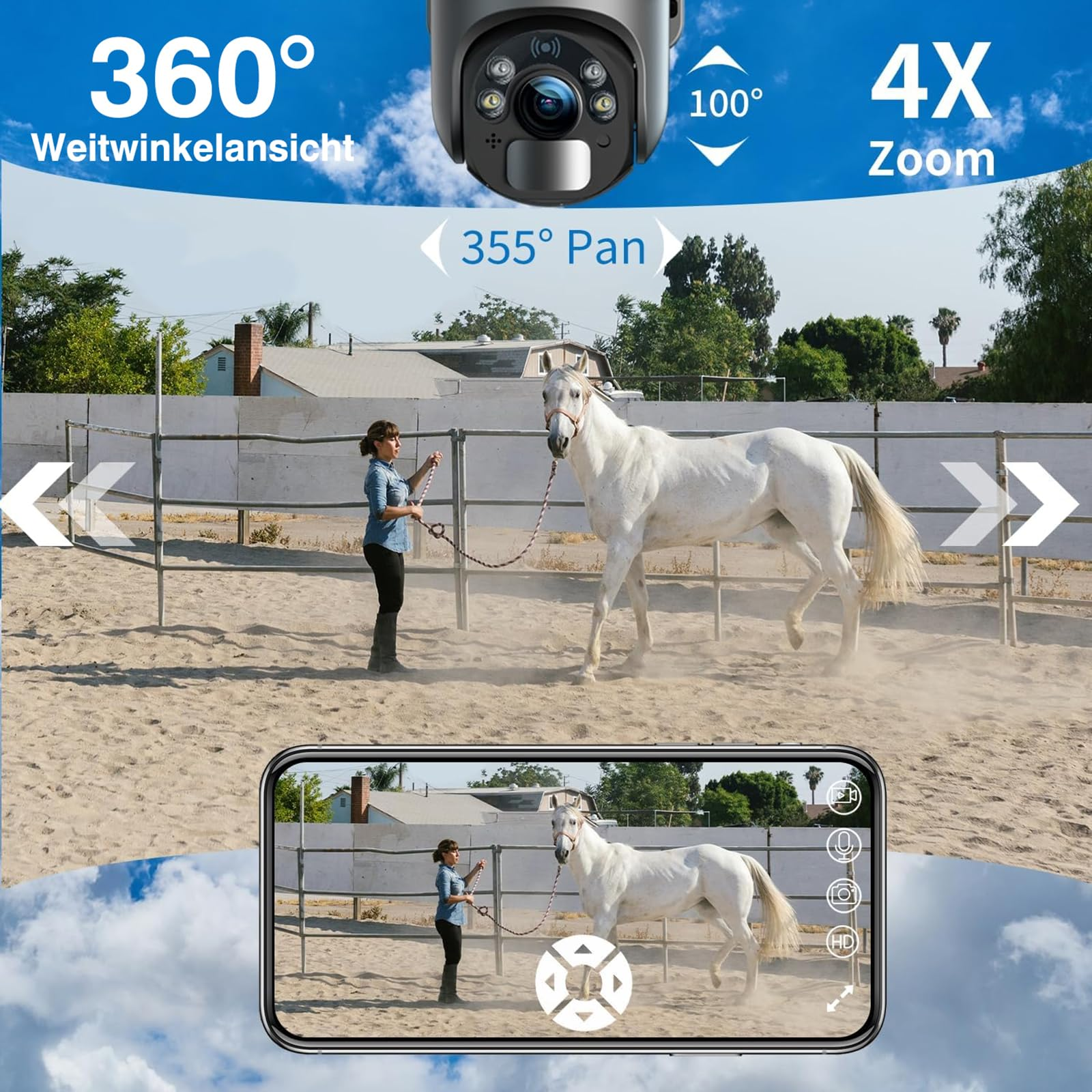 Telecamera di sicurezza a 360 gradi che mostra una donna che guida un cavallo bianco.