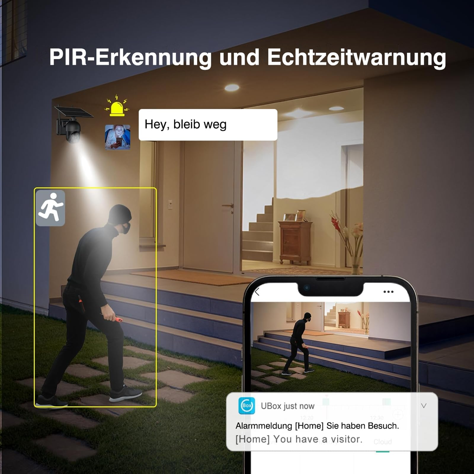 La telecamera di sicurezza rileva un intruso e invia un avviso in tempo reale allo smartphone.