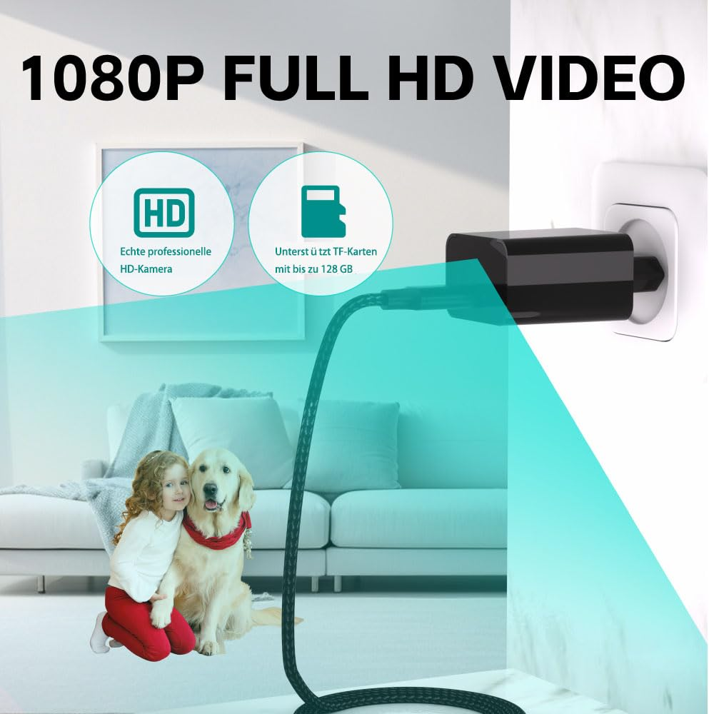 Telecamera HD nascosta in un caricatore USB collegato, mentre un bambino e un cane sono in soggiorno.