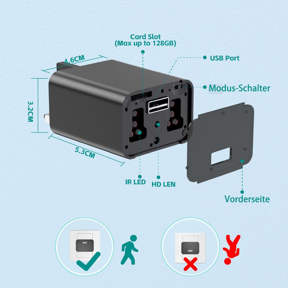 Schema tecnico di un caricatore USB con telecamera nascosta, con dimensioni, slot per schede e porta USB.