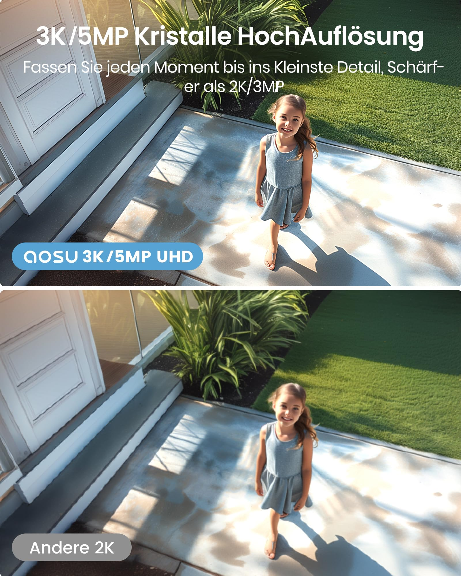 Un'immagine di confronto mostra una foto superiore 3K/5MP nitida e una foto inferiore 2K sfocata con una bambina in terrazzo.
