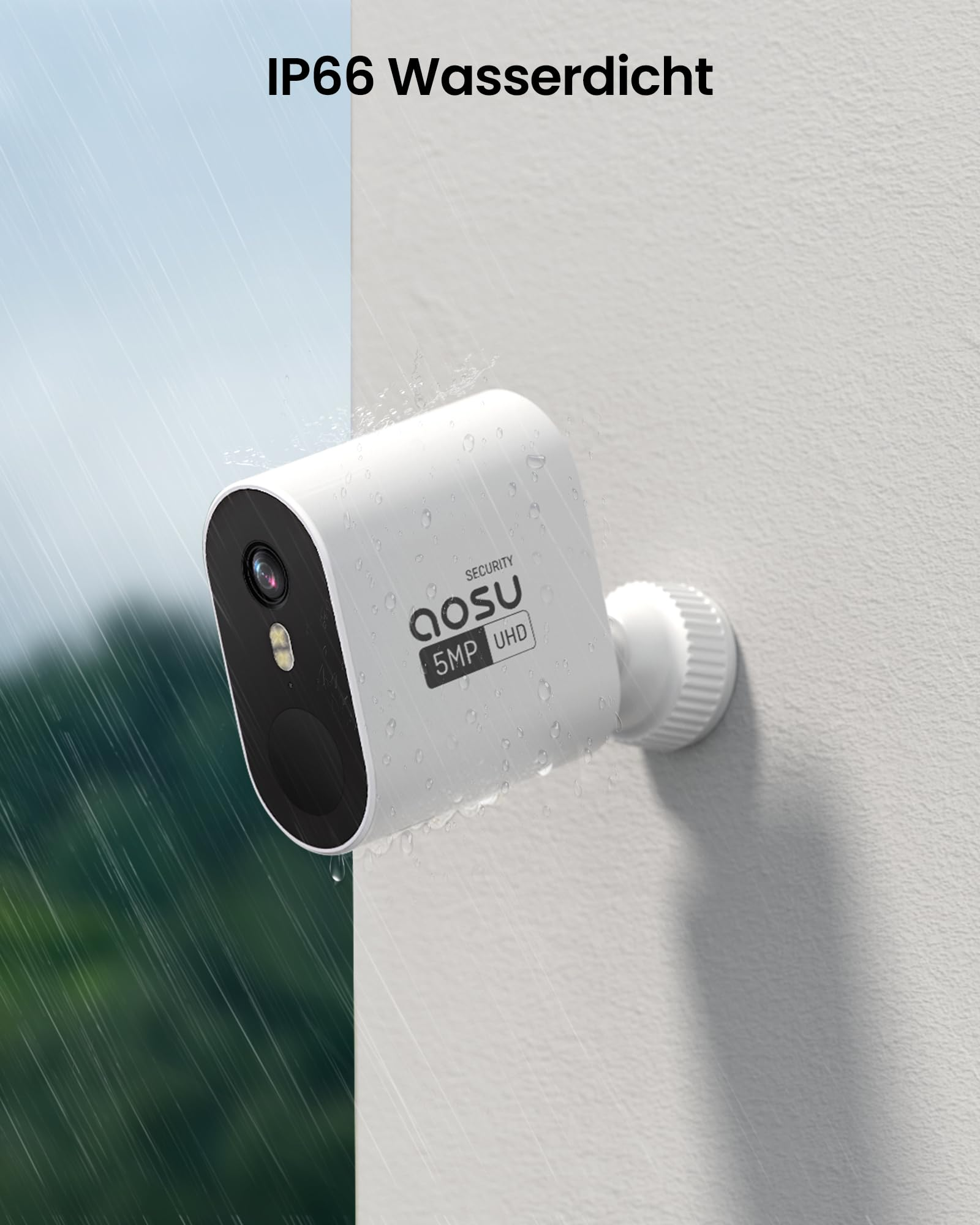 Telecamera di sicurezza Aosu impermeabile montata su un muro bianco sotto la pioggia.
